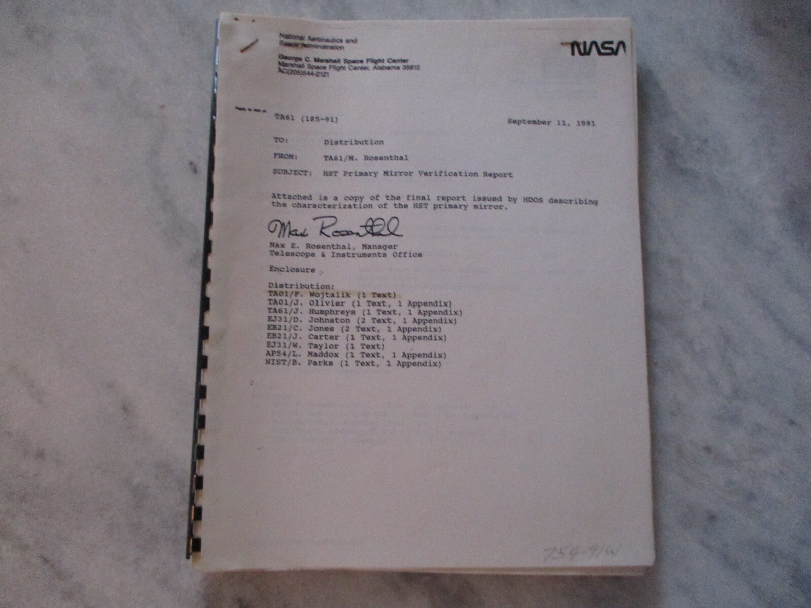 NASA MSFC/HUGHES HUBBLE SPACE TELESCOPE PRIMARY MIRROR VERIFICATION 1991 REPORT