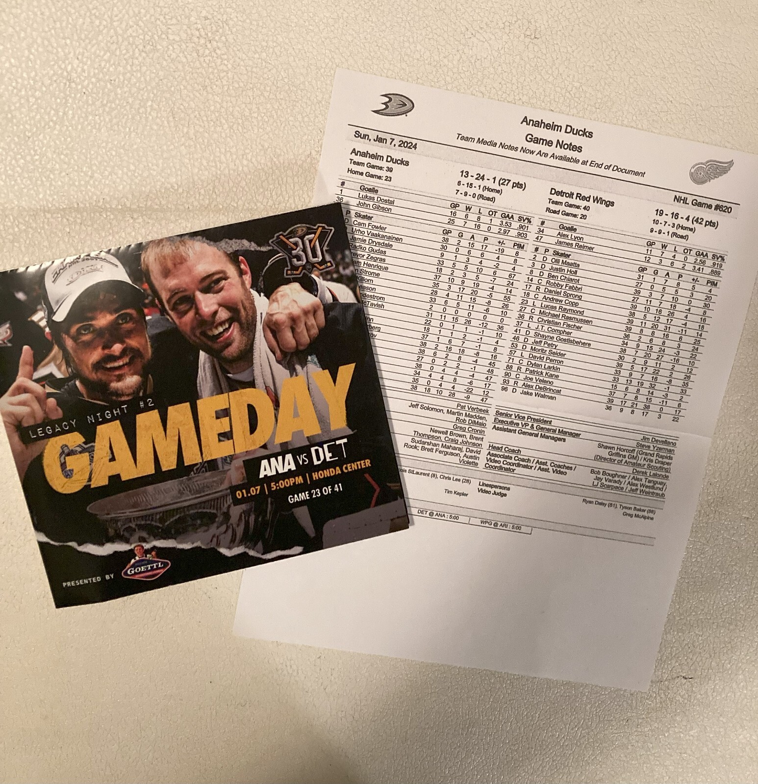 Anaheim Ducks v Detroit Red Wings GAMEDAY PROGRAM- Legacy Night Vatrano Poster