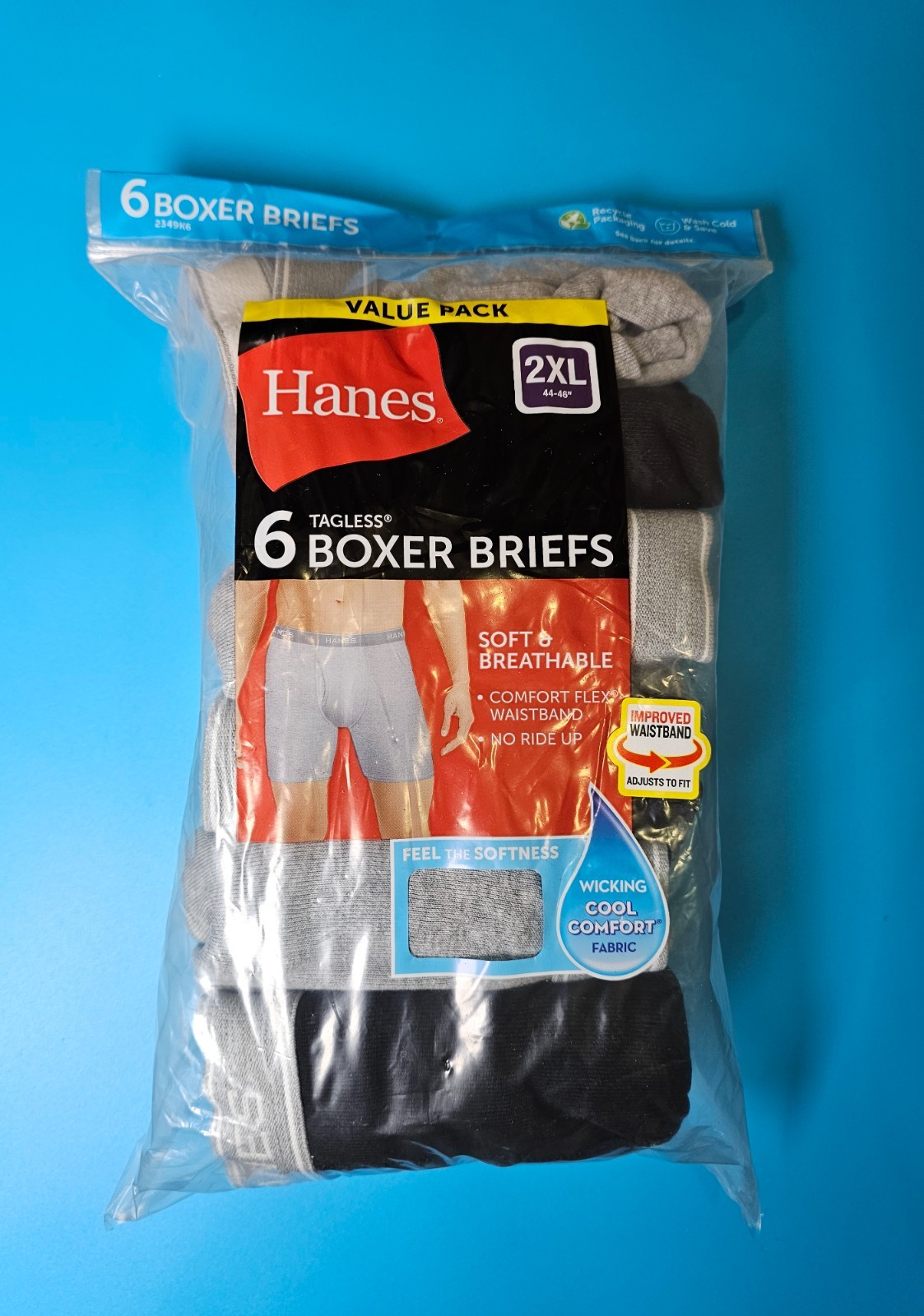 Hanes Mens 6 Pack Boxer Briefs Cotton Wicking Cool Comfort Black/Gray,2XL