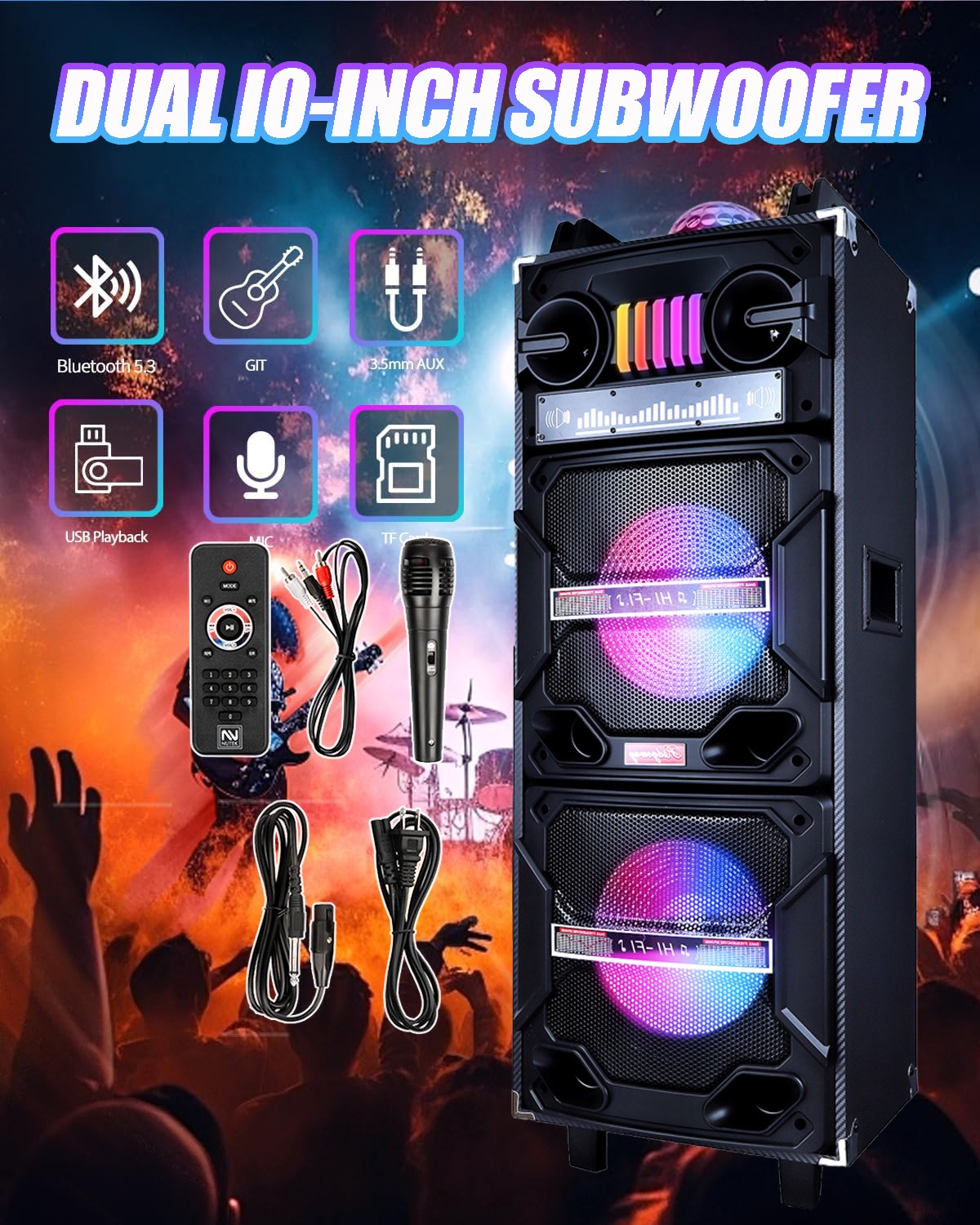 LED Dual 10" Subwoofer Mic Portable Bluetooth Speaker Bass Party Karaoke System