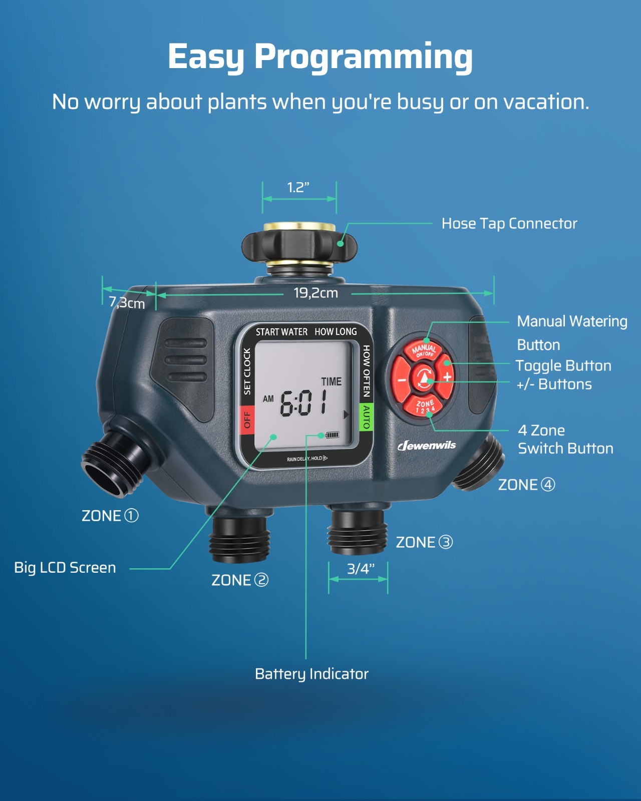 Sprinkler Timer 4 Zone Outdoor, Programmable Water Timer with Rain Delay Manual