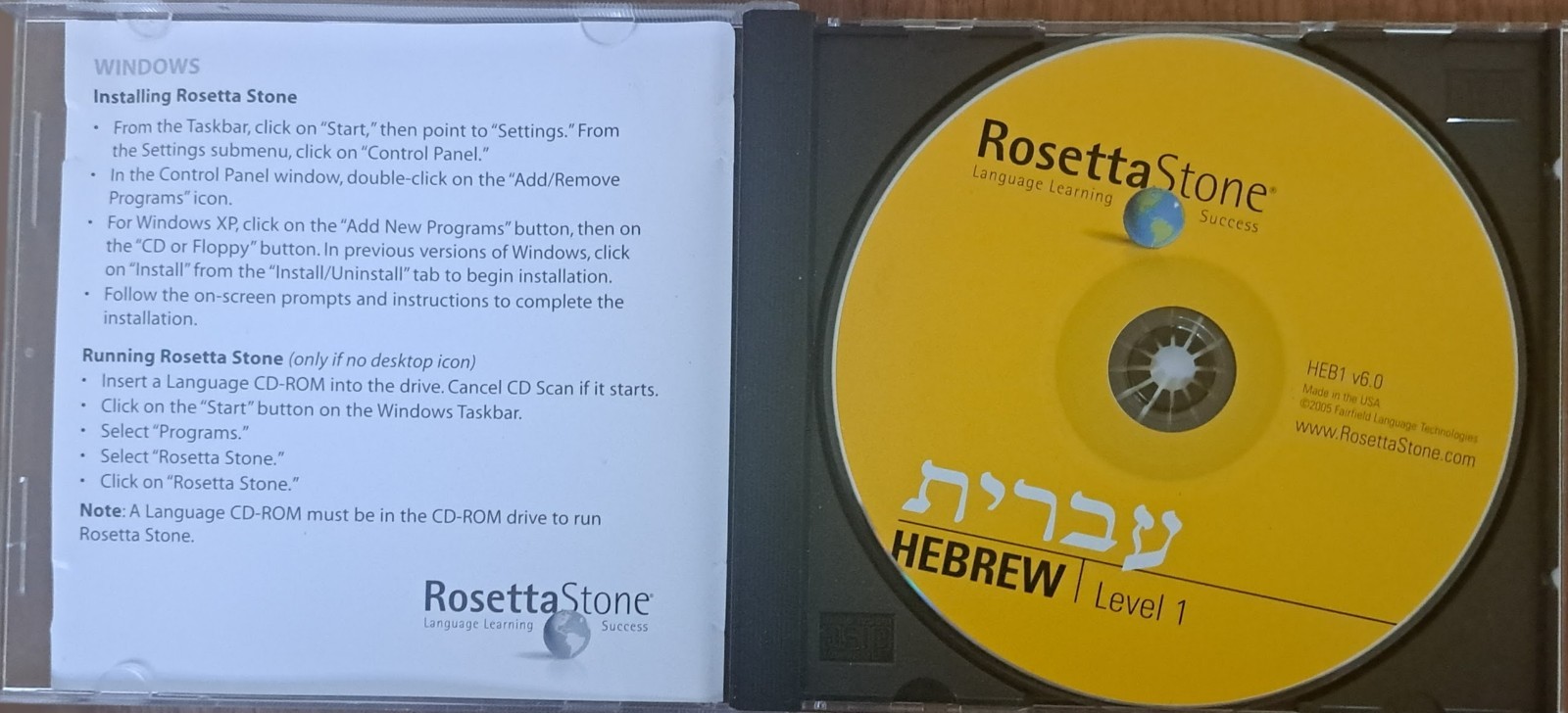 Rosetta Stone Hebrew Language Learning software, CD Rom Level 1, Books Level 1&2