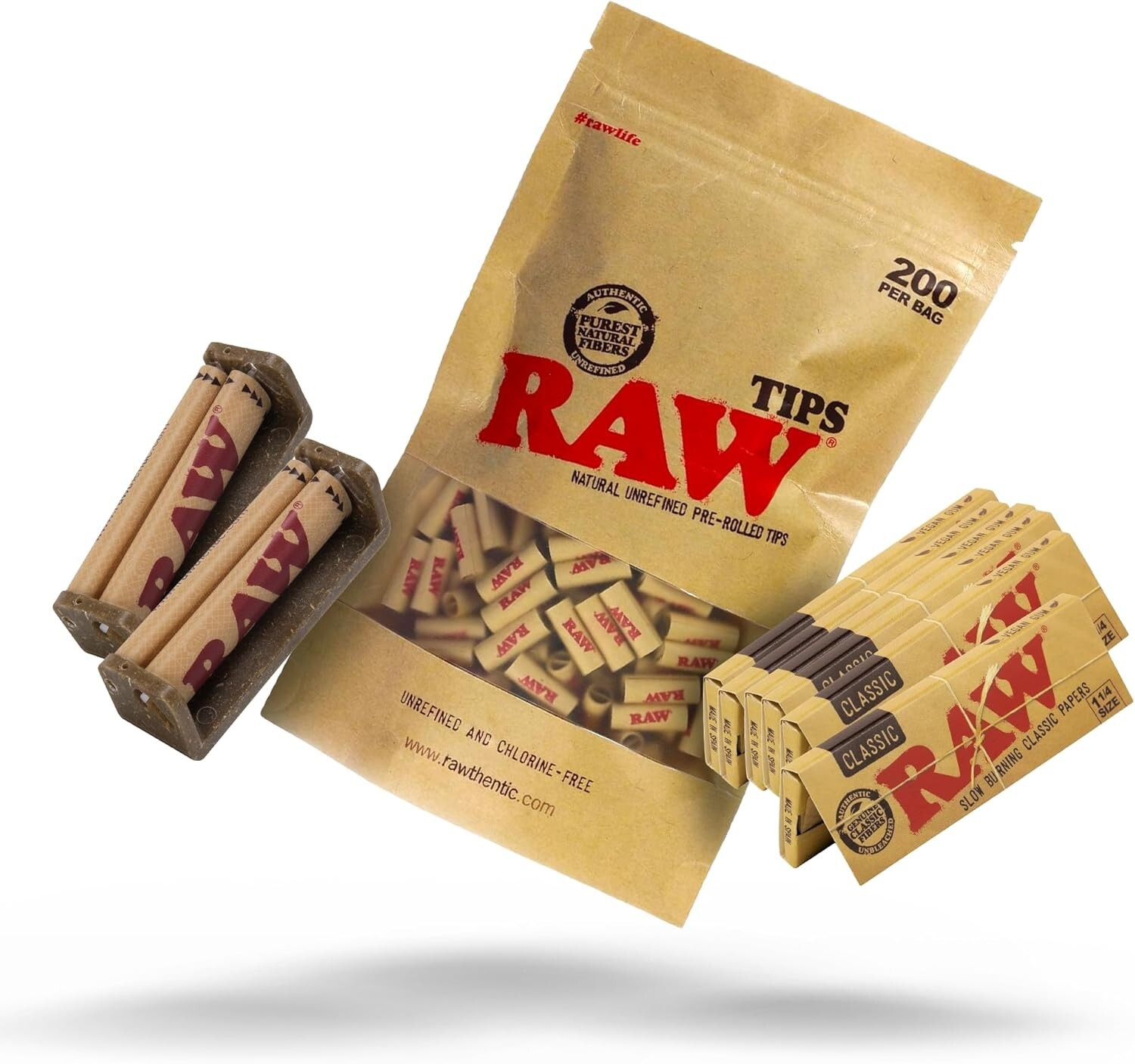 RAW Classic 1-1/4 Rolling Papers 6 pk + Filter Tips 200 Tips + 2pk 79mm roller