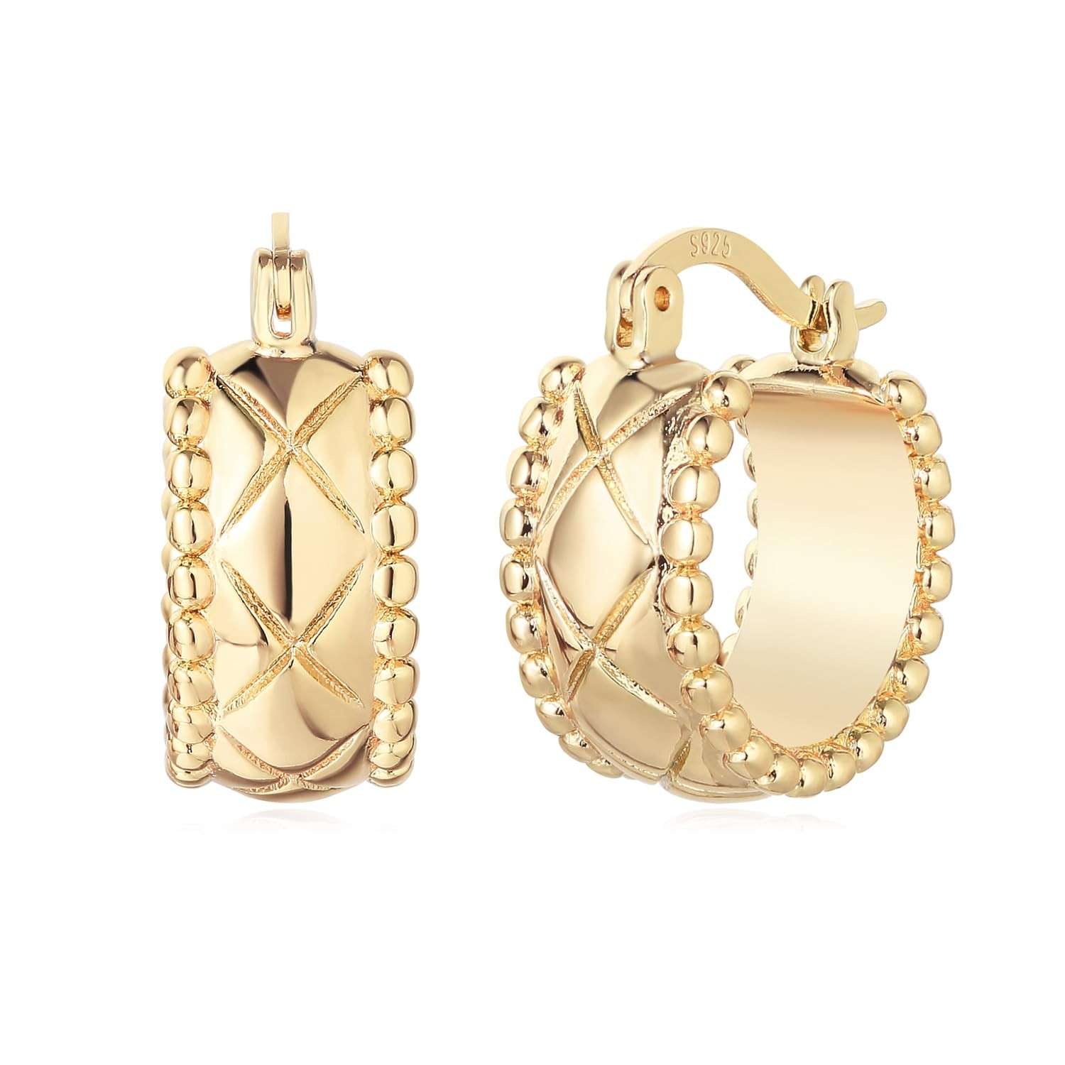 MYEARS Women X Band Earrings Gold Chunky Beaded Hoop 14K Medium, Plated