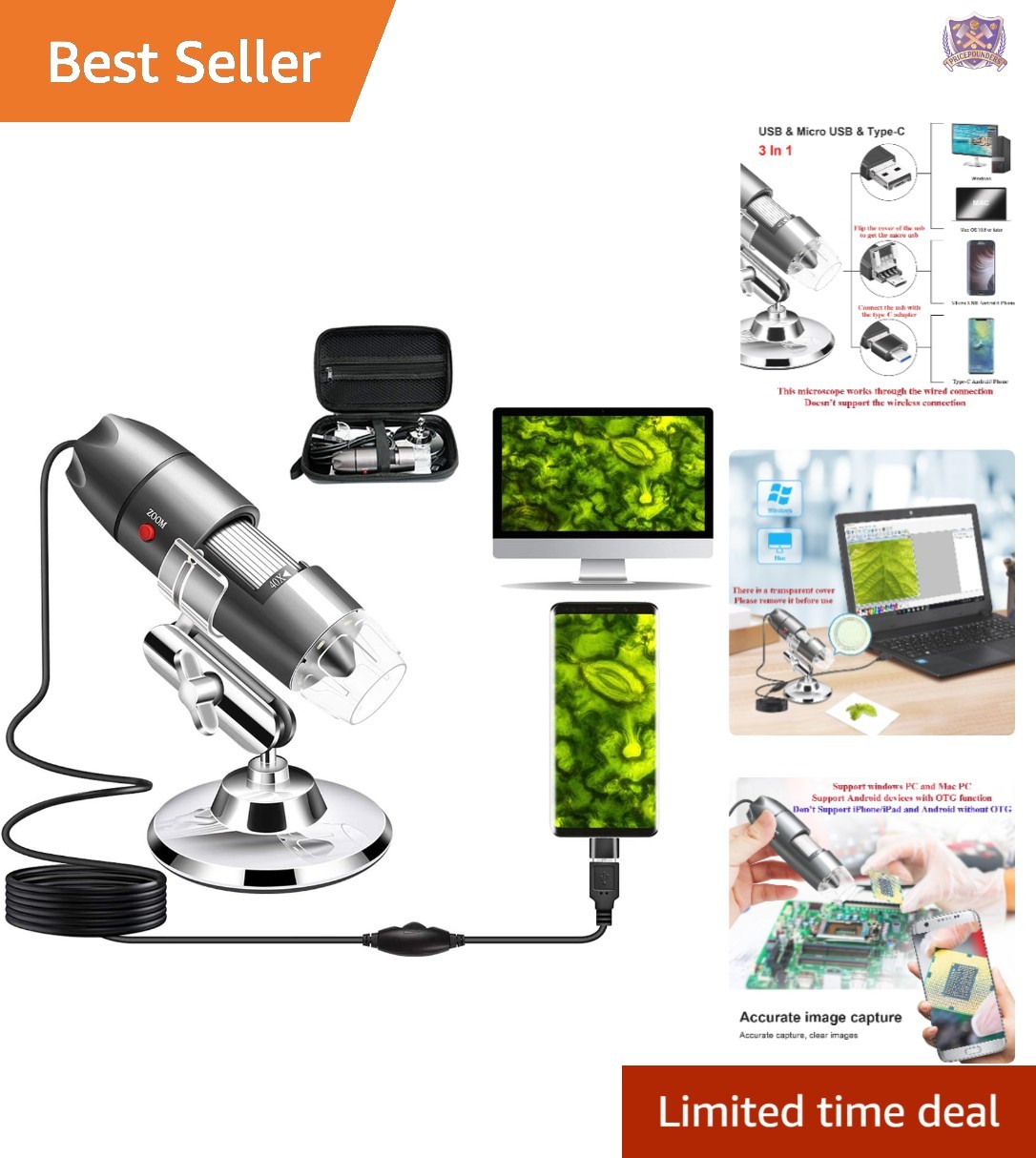 USB Microscope Camera 40X-1000X Metal Stand Carrying Case Compatible with Win...