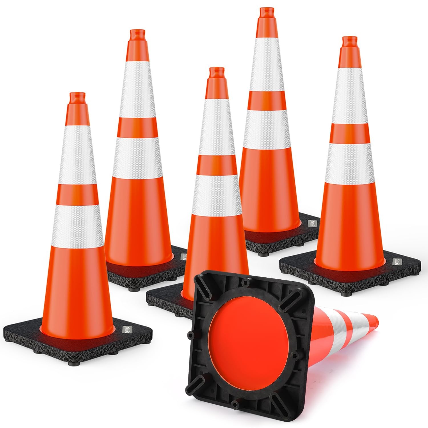 28 Inch Traffic Cones with Black Weighted Base, PVC Orange Safety Cones for T...