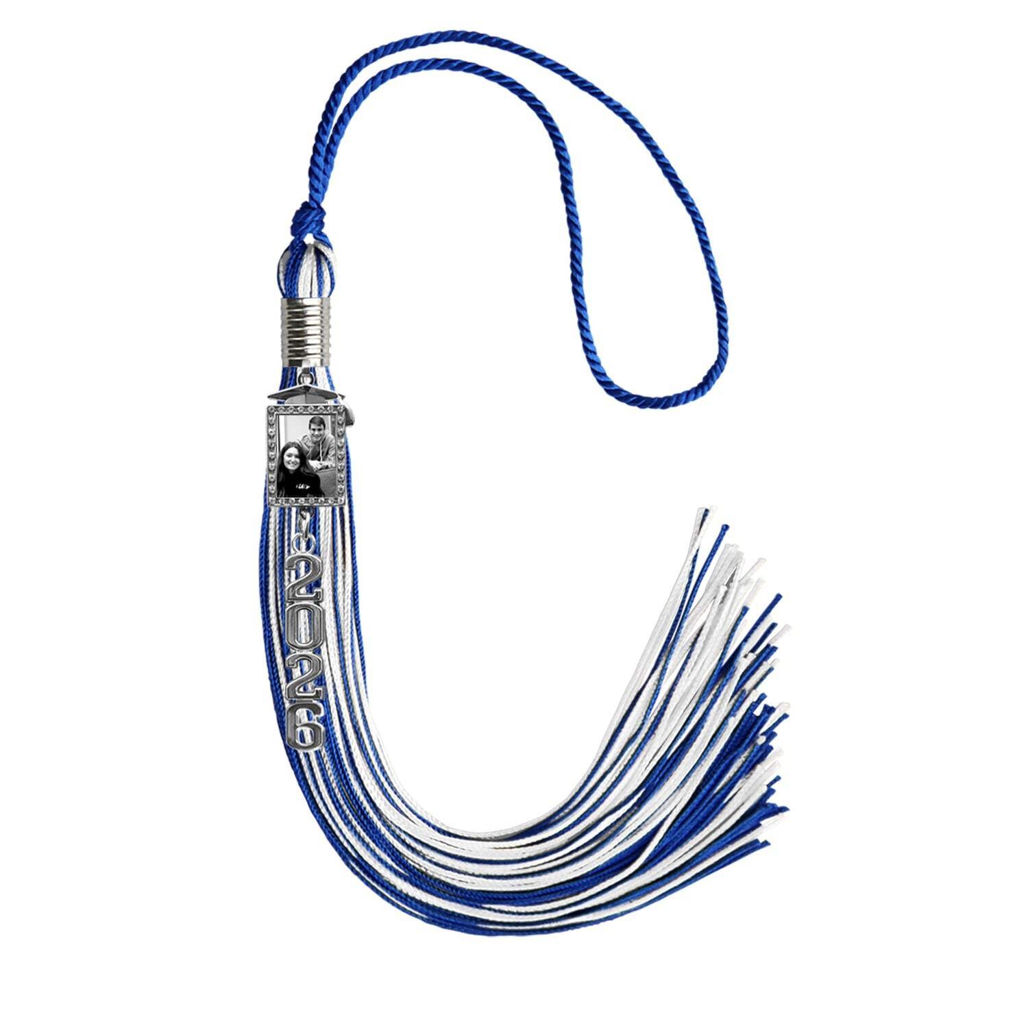 Endea Graduation Royal Blue/White Tassel with Photo Frame Charm and Stacked Date