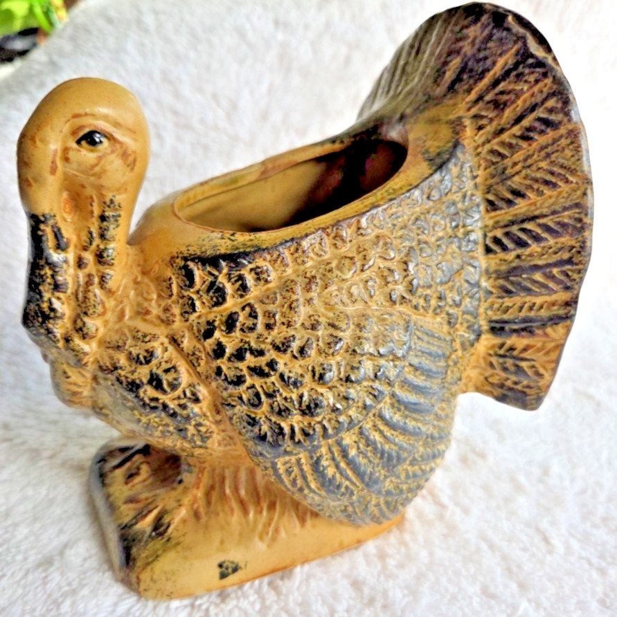 Vintage Rustic Ceramic Turkey Planter Hand Painted Made in Taiwan 6"H 5.5"L MCM