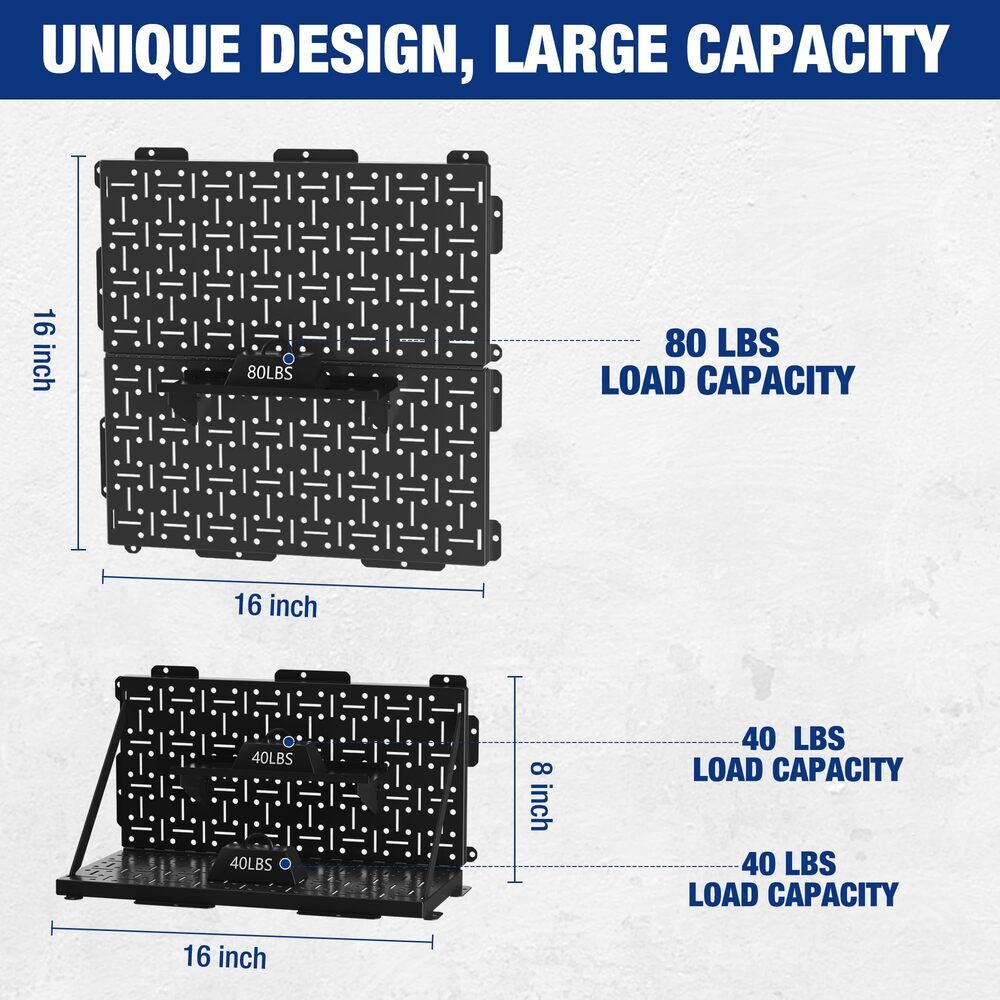 WORKPRO 16”x 16” Metal Peg Board, Foldable Black Pegboard 3 Pack with Round Hole