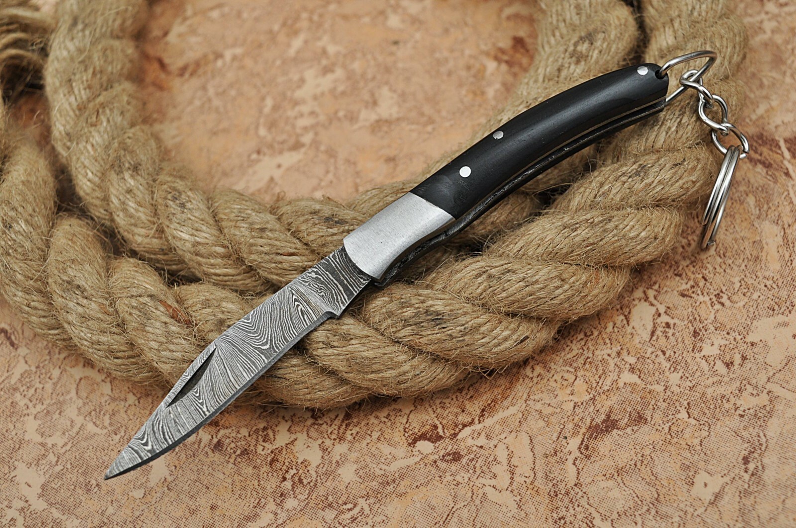3"HAND MADE DAMASCUS STEEL FOLDING KNIFE KEY CHAIN WITH HORN & STEEL HANDLE -7