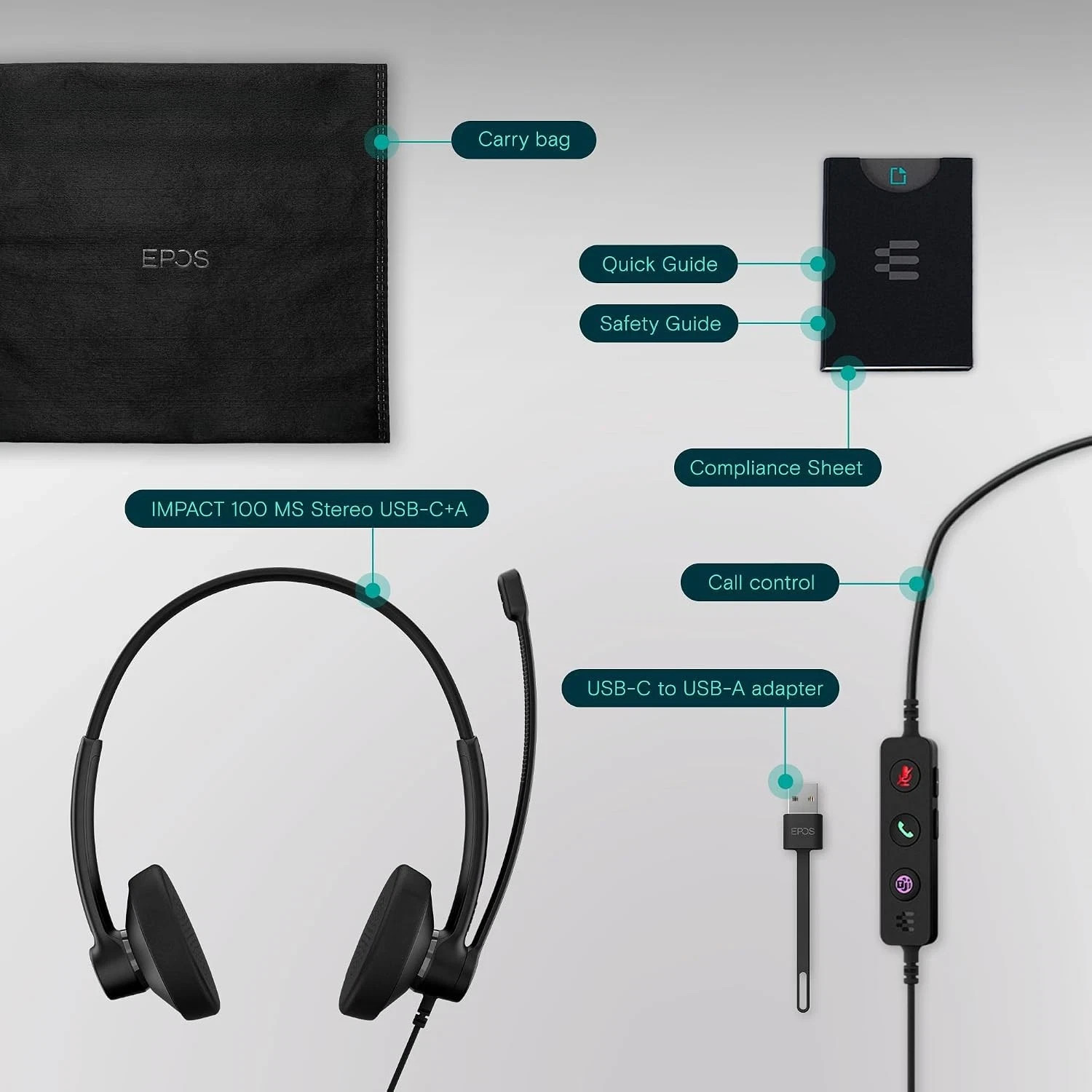 EPOS Impact 100 MS Stereo Headset USB-C & USB-A Microsoft Teams Certified -Black