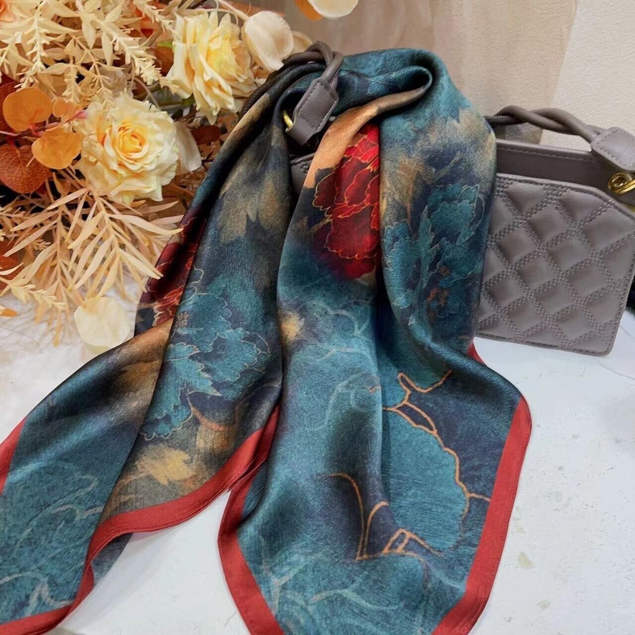 26"X26"Red Peony Print Pure Mulberry Satin Silk 12momme Scarf 65x65cm 6-24