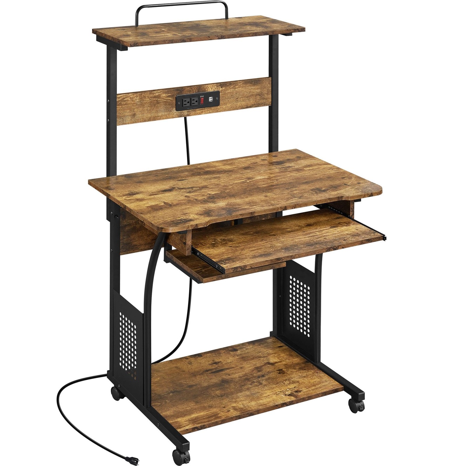 3 Tiers Rolling Computer Desk with Power Outlet and USB Ports for Space Saving