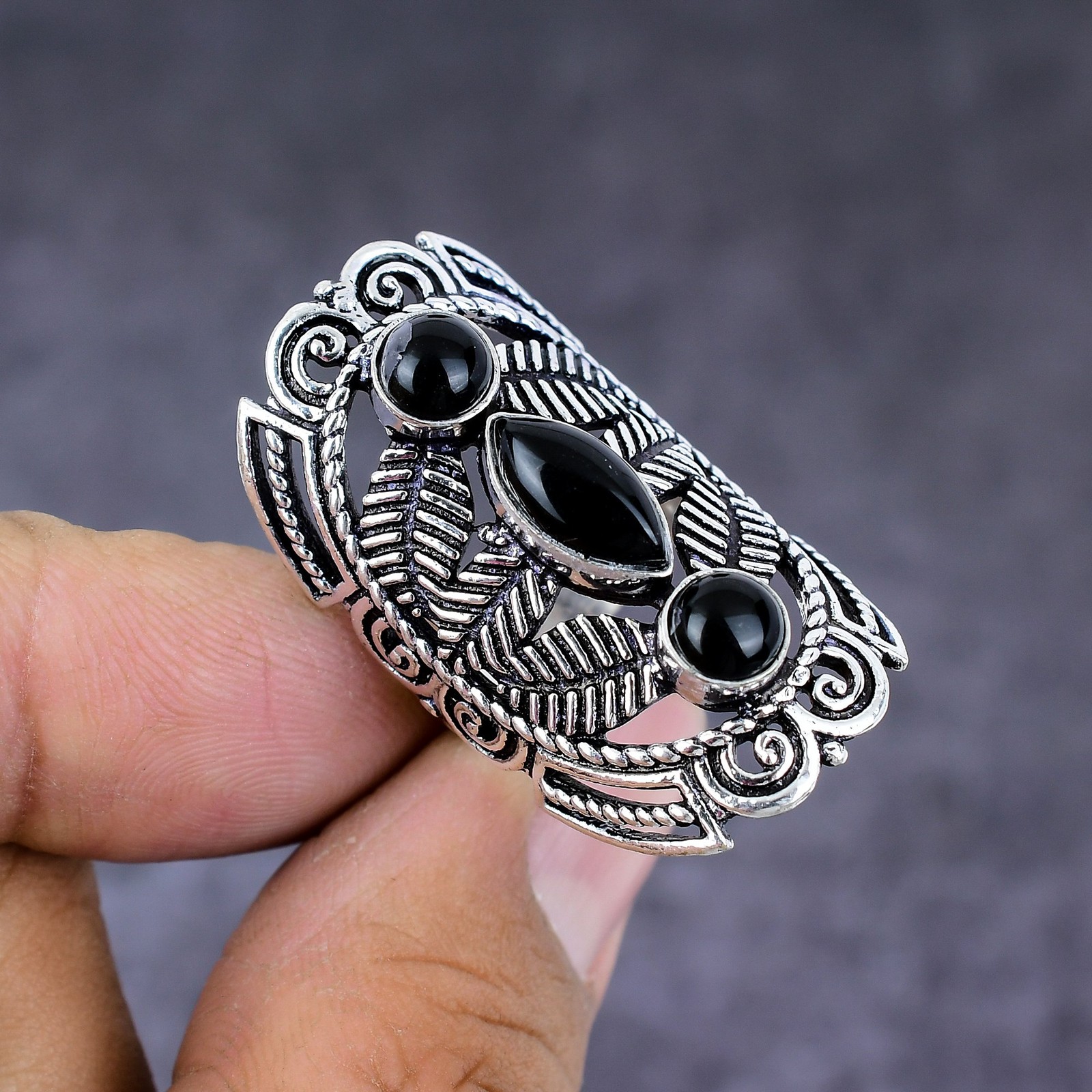 Natural Black Onyx Gemstone Handmade 925 Sterling Silver Gift Ring Size 7 q335