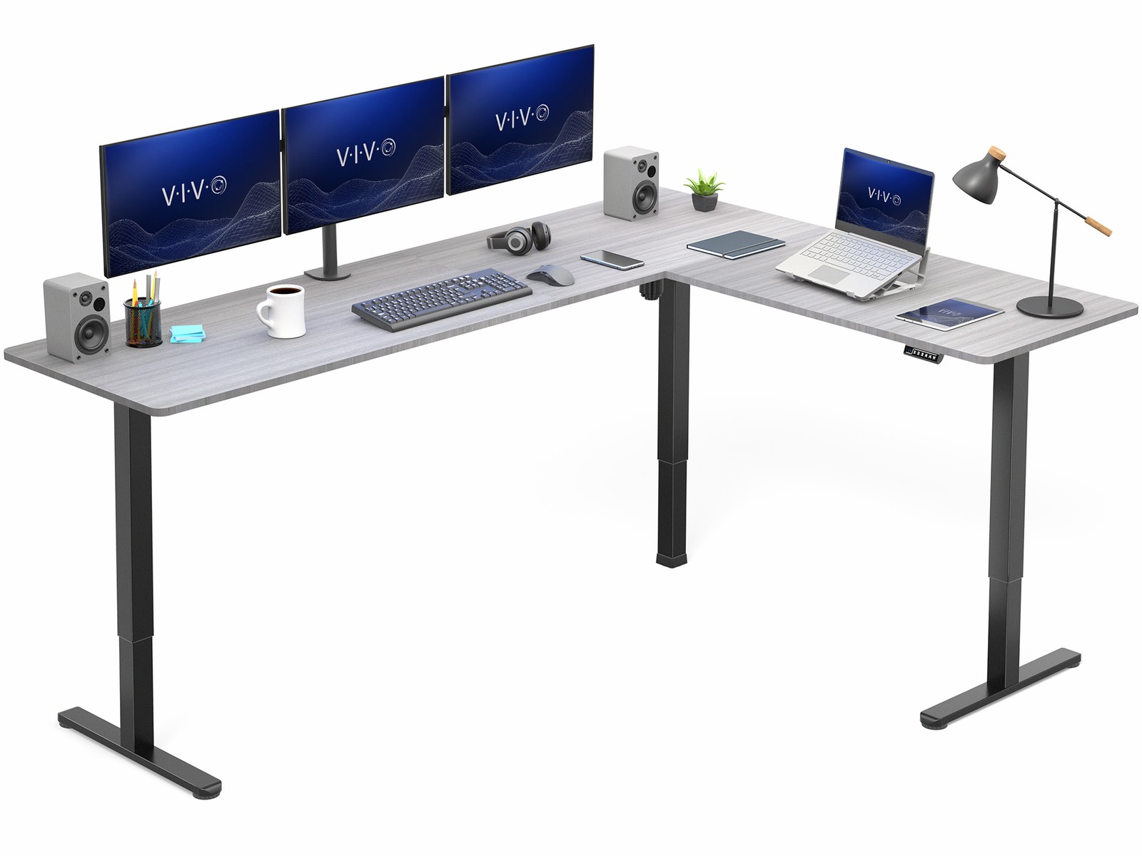 VIVO Gray / Black Electric 84" x 63" Corner Desk, L-Shaped Workstation