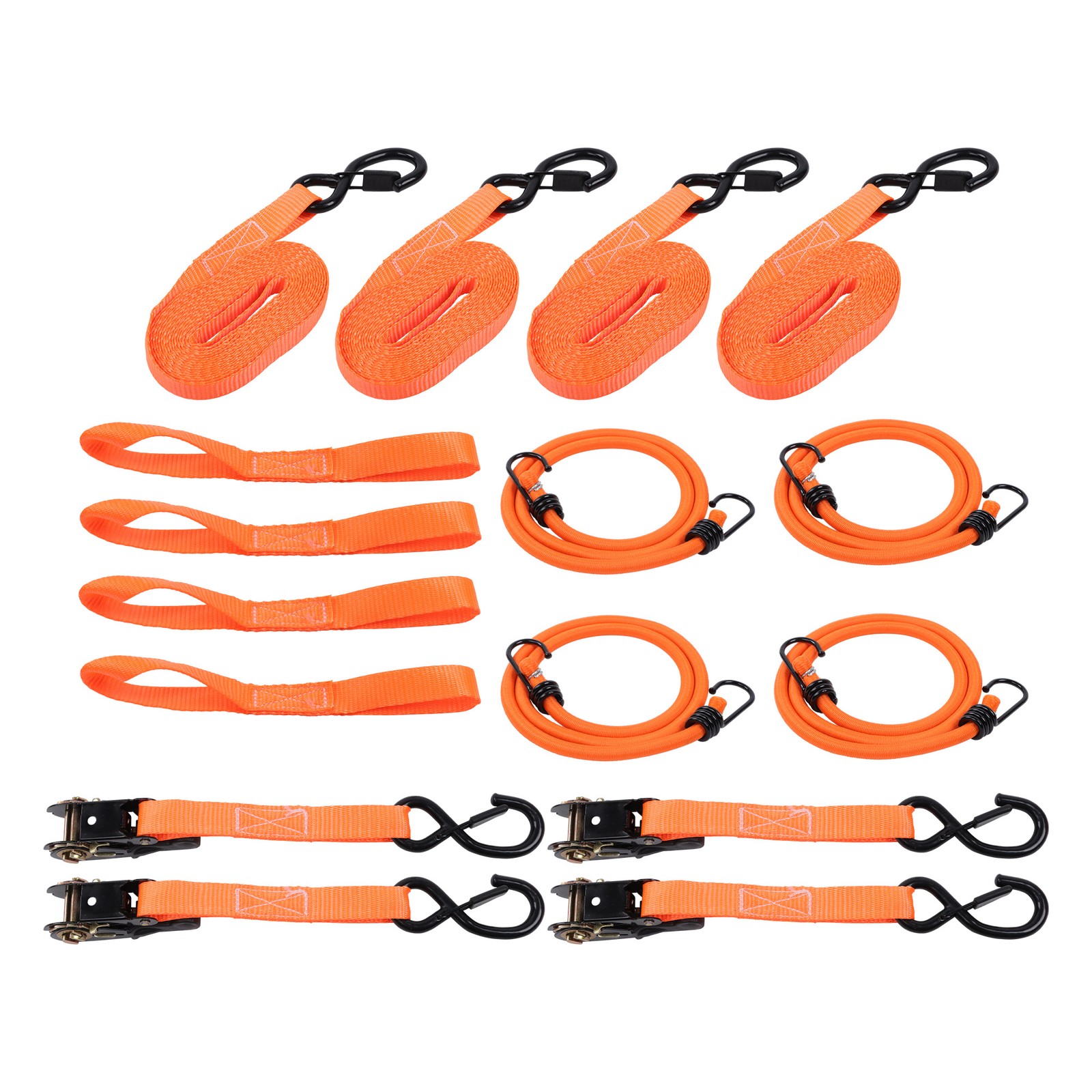 4 Pack 1" x 15' Ratchet Tie Down Straps Orange 2200lbs Break Strength w/ S Hooks