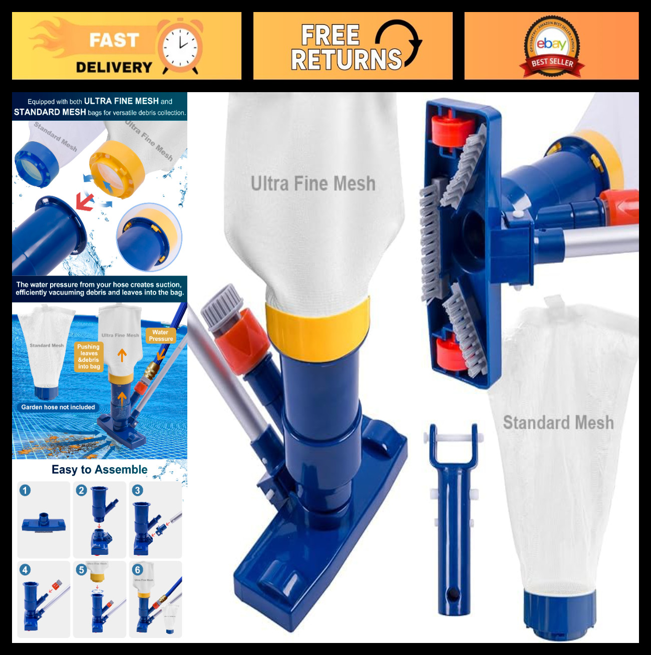 Manual Pool Vacuum with Double Fine Mesh Bags & 56" Aluminum Pole - Handheld Jet