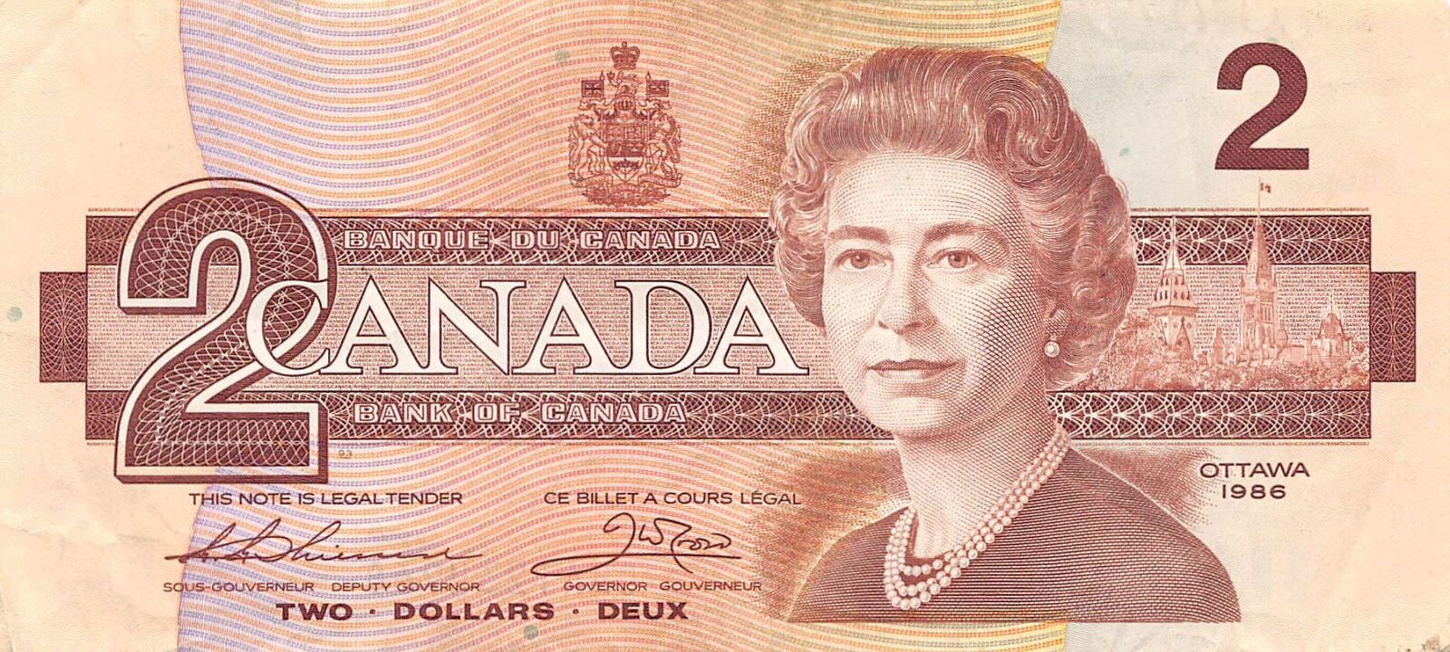 Canada   $2  1986  Series  CBA  Que. II  Circulated Banknote Top1