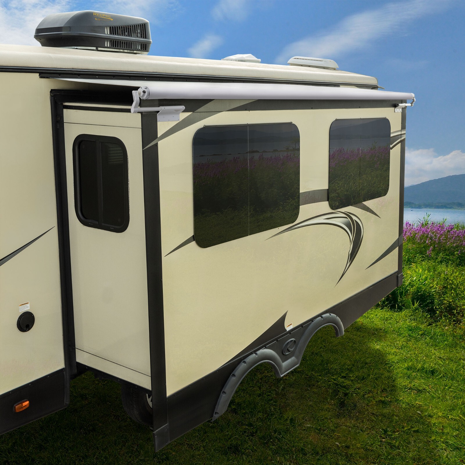 RecPro RV Slide Topper Slideout Awning Assembly in White and Black