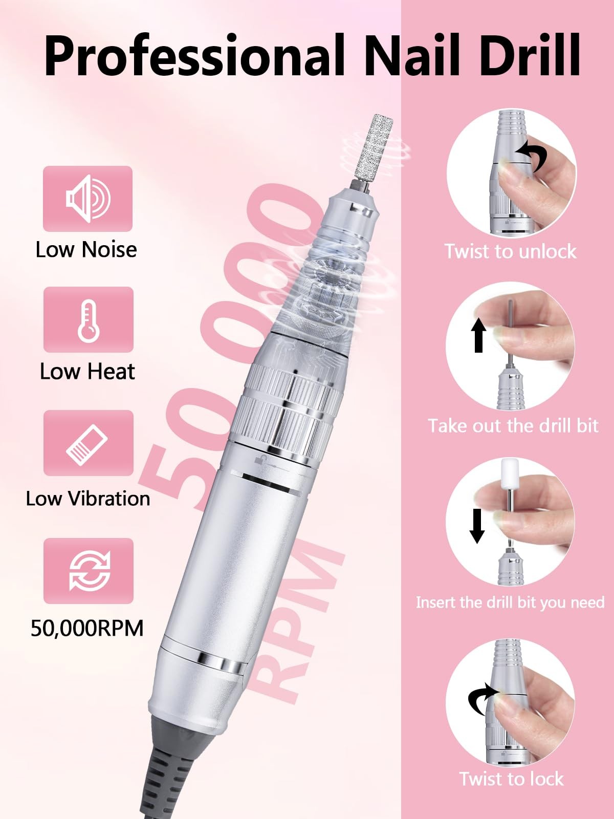 Nail Drill, Portable Electric Nail File 50000RPM, Rechargeable Nail Drill Pro...