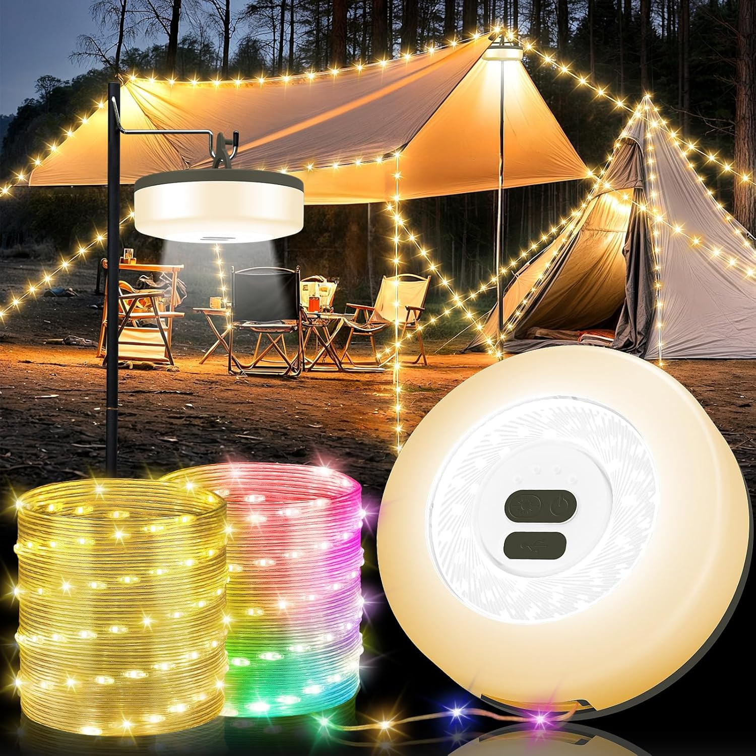 Camping String Lights, 4 in 1 Quick Storage 32.8FT Rechargeable Tent Lights with