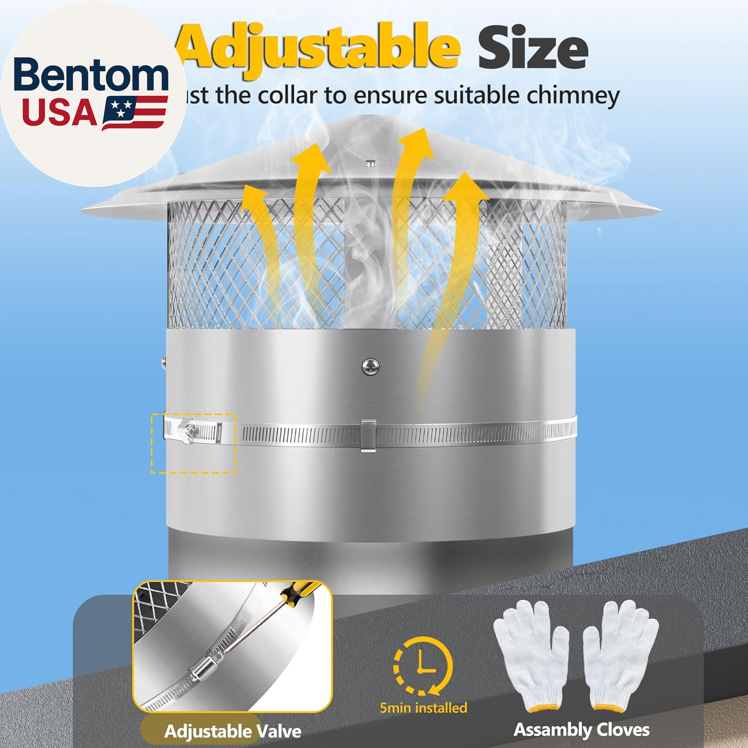 8 Inch Chimney Cap, 8" Stainless Steel Cone Top Chimney Cap with Screen, Adjusta