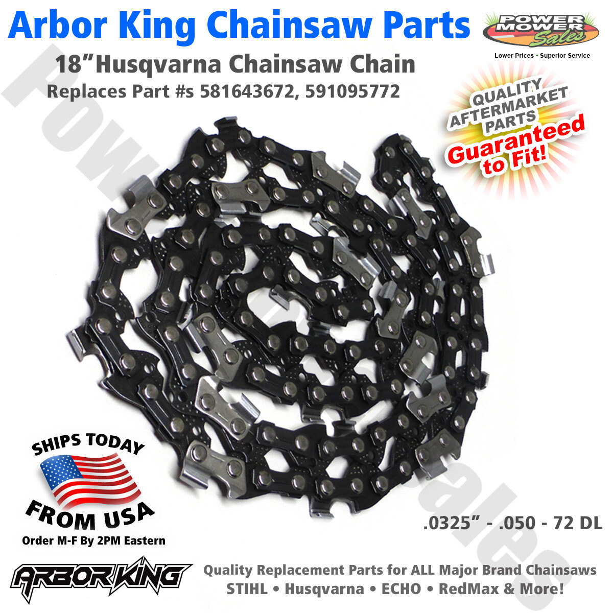 18” Chainsaw Chain .325” .050” 72 DL, Husqvarna, 501840672, 531300439, 581643672