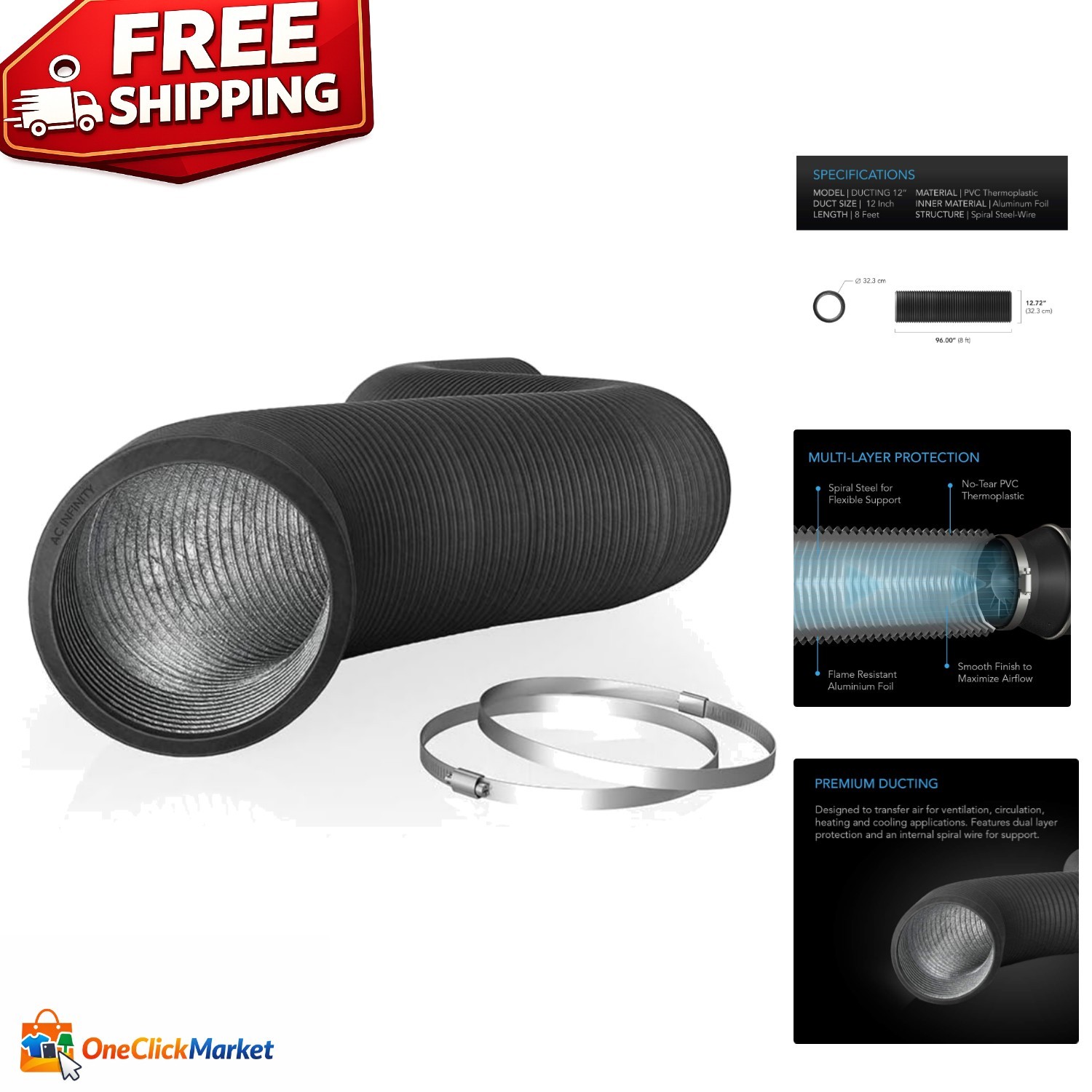 Flexible 12-Inch Aluminum Ducting - 8 Feet with Heavy-Duty Four-Layer Protection