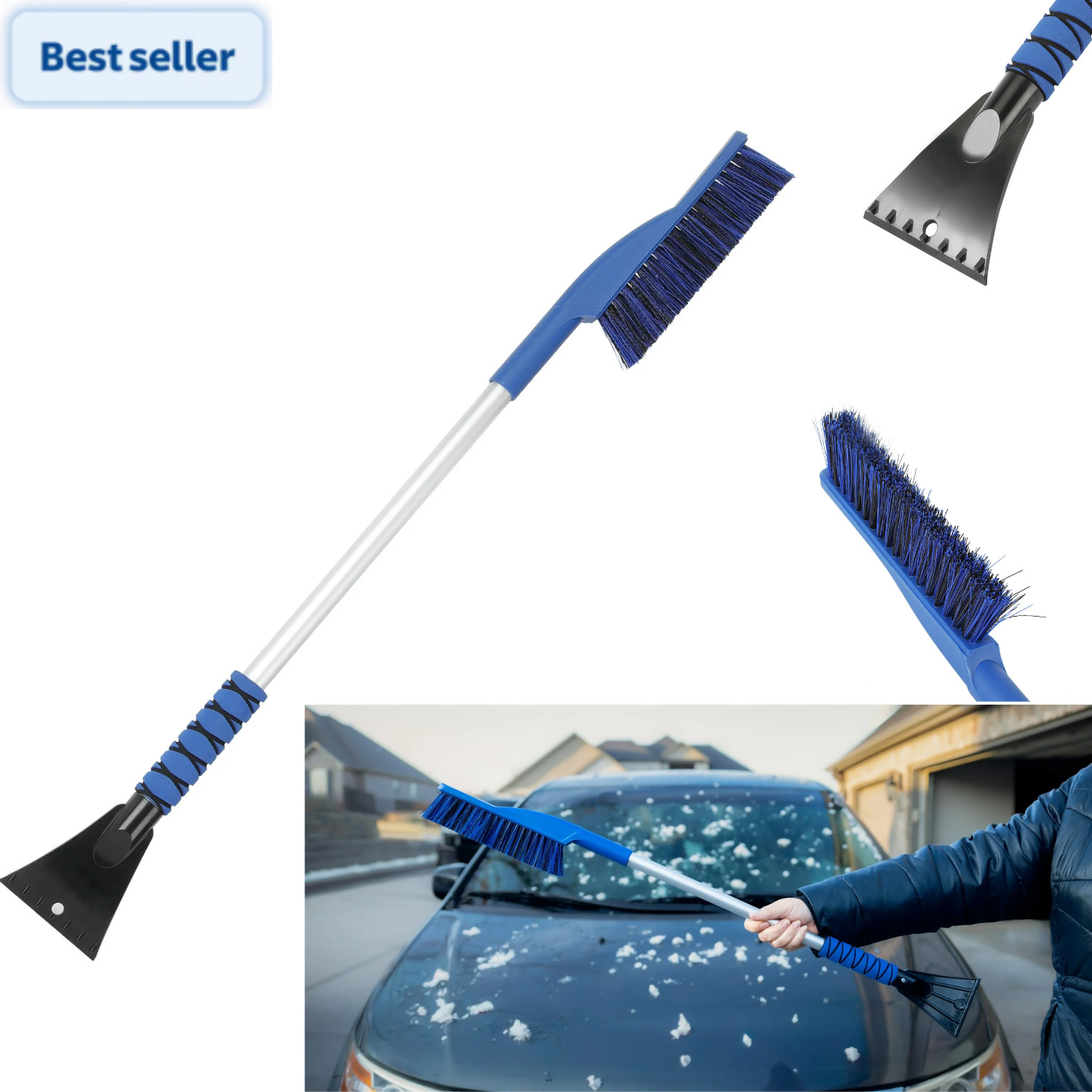 Auto Drive 35-Inch Snow Brush and Ice Scraper, Blue, Aluminum Handle