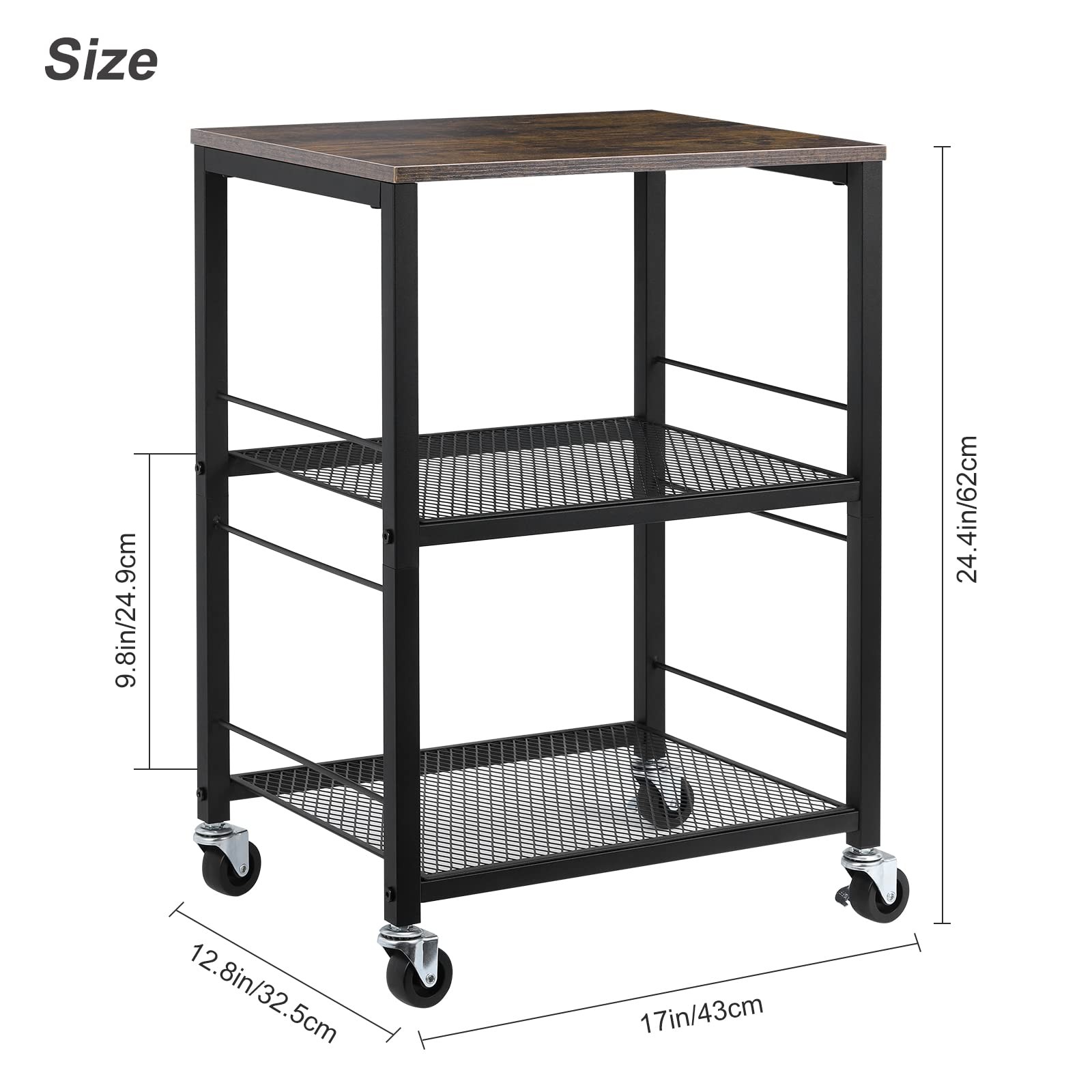 Rustic 3 Tier End Table with Wheel,Side Table Nightstand Storage Shelf for Be...