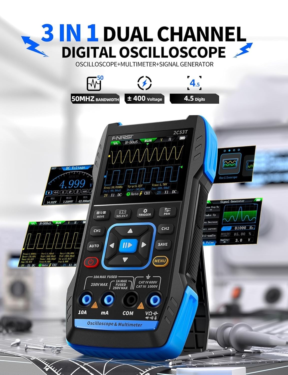 Compact 50MHz Oscilloscope Multimeter with Signal Generator