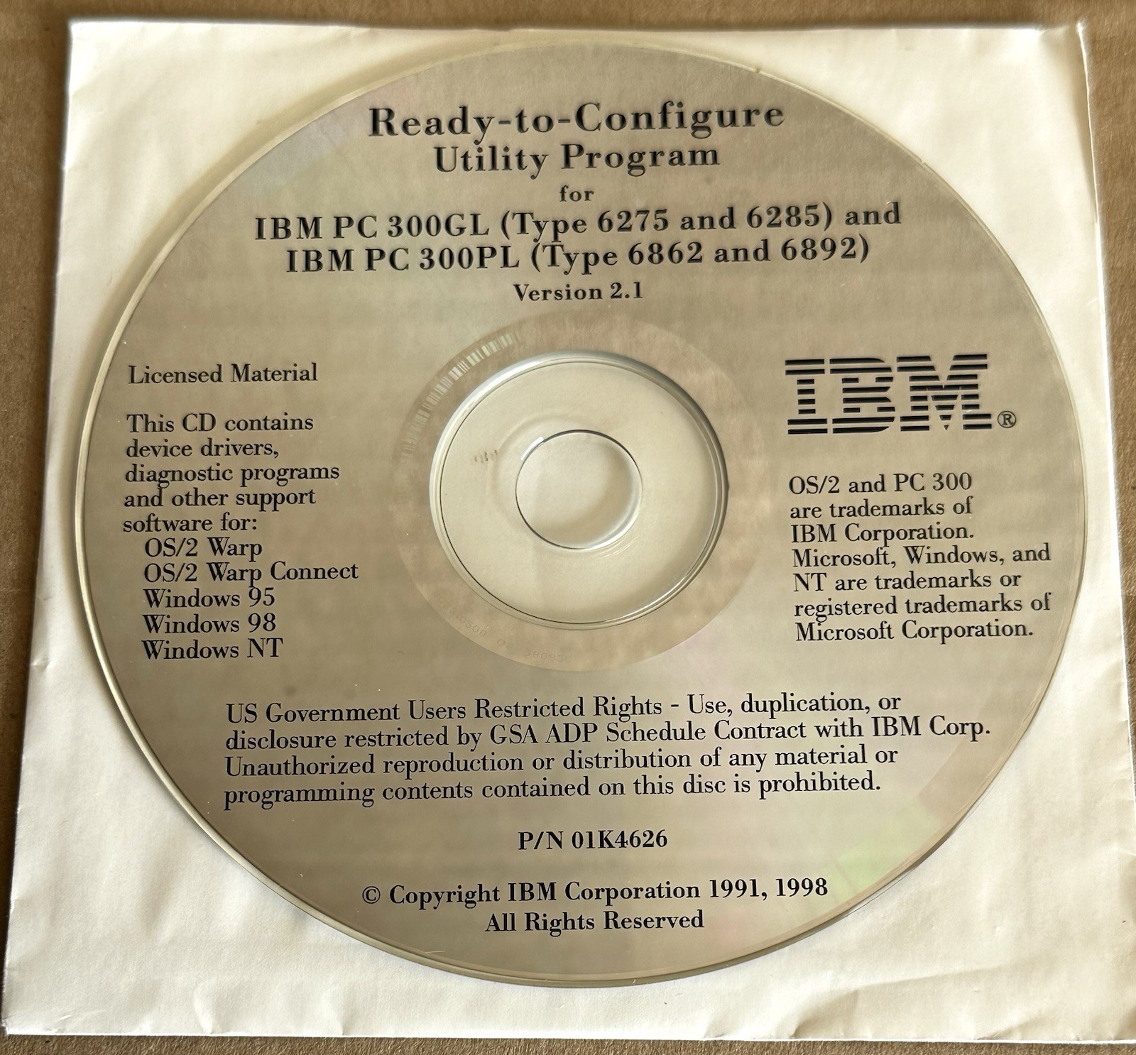 IBM Ready to Configure CD Install & Utilities PC 300GL 300PL Version 2.0 2.1
