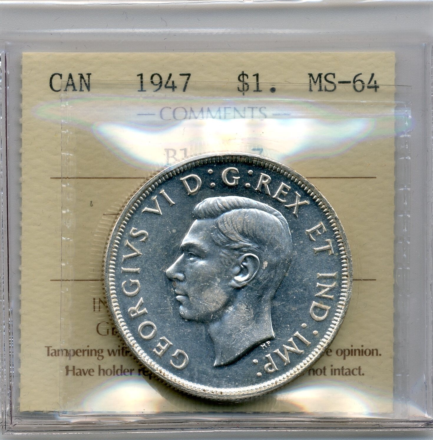 1947 Canada Silver Dollar, Blunt 7 - ICCS Choice Uncirculated MS64