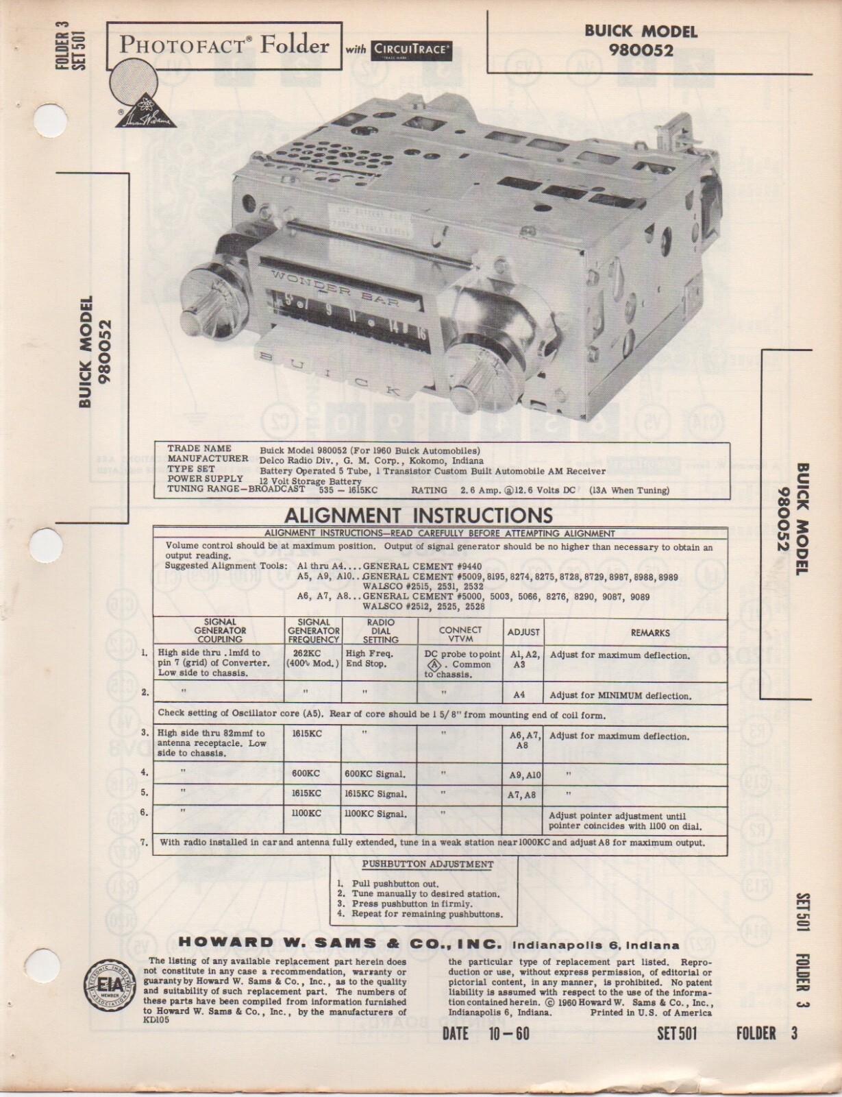 1960 BUICK 980052 AUTO RADIO  SERVICE MANUAL photofact schematic WONDER BAR FIX