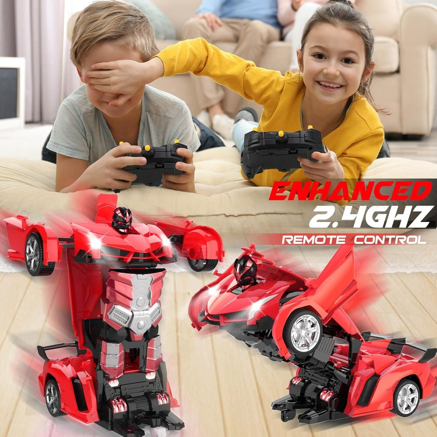 Coche teledirigido Dolanus, robot transformable, rojo y negro