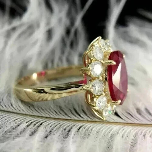 Lab Created Red Ruby 3.00Ct Oval Cut Wedding Ring 14K Yellow Gold Plated Silver
