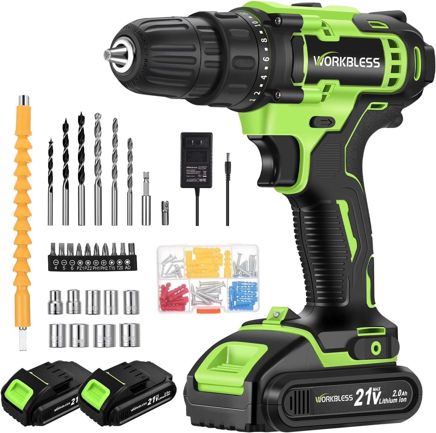 WORKBLESS 21V Power Drill Set, Cordless with 2 Batteries and Green