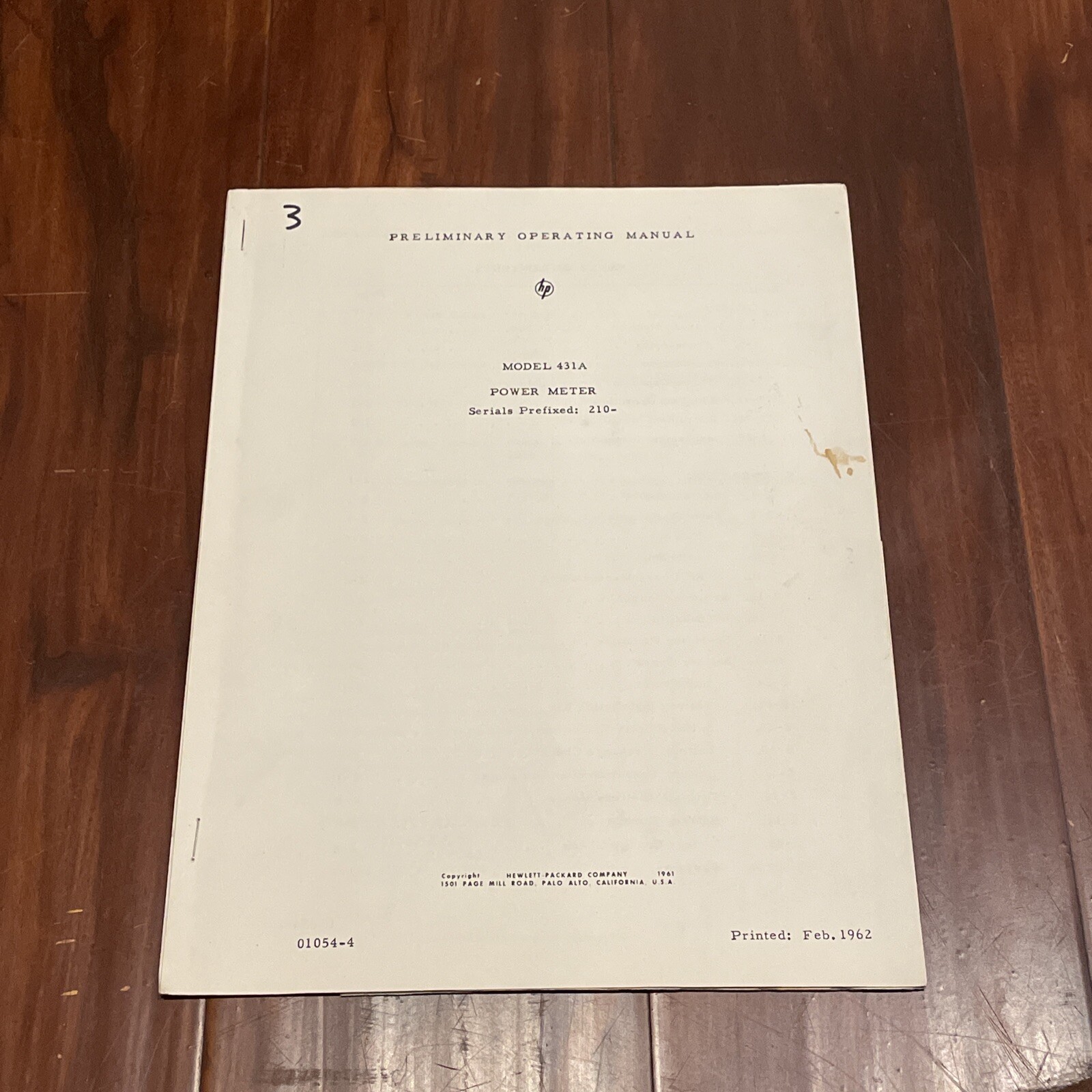 HP 431A Power Meter Preliminary Operating Manual 01054-4 Feb 1962