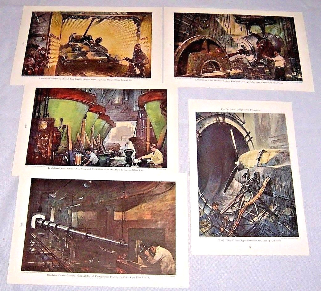 1945 Illustrations ~THORNTON OAKLEY Wind Tunnel, X-ray Machine,Tank painting +2