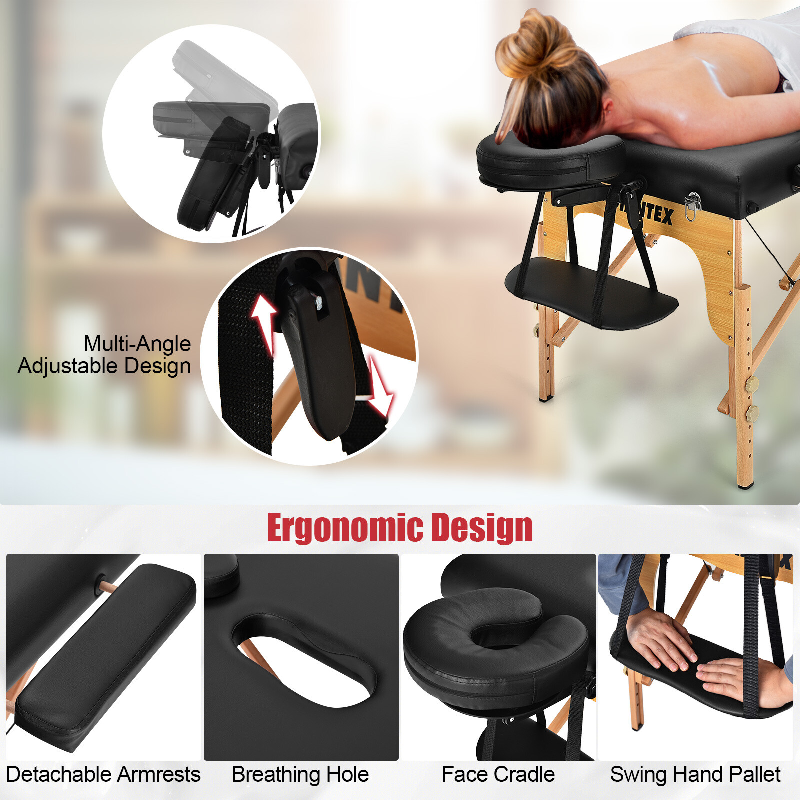 Costway Portable Massage Table 3 Fold 84"L Adjustable Spa Bed w/Carry Case Black