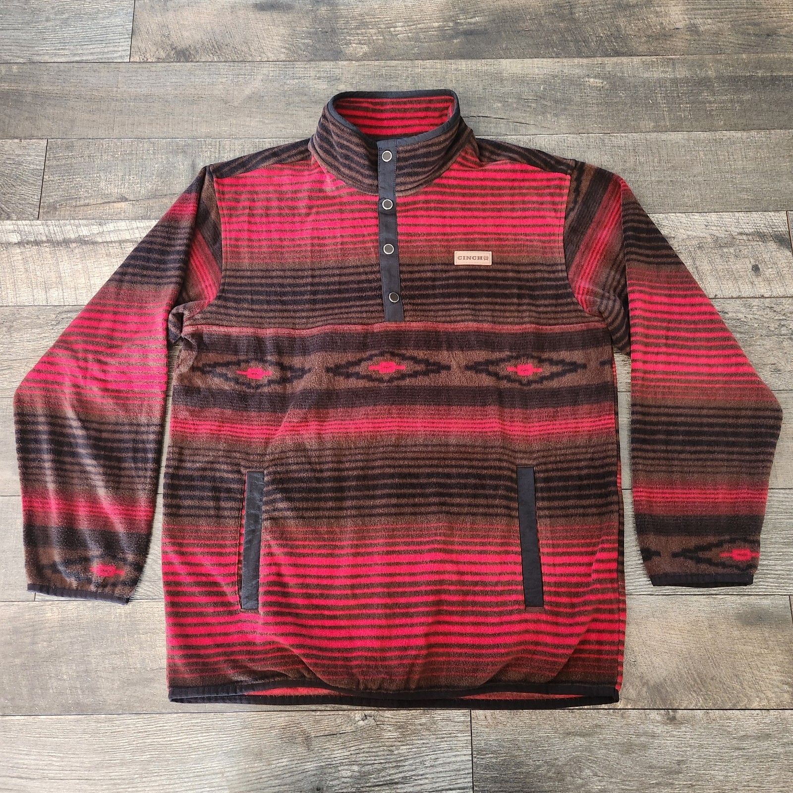 Cinch Aztec Polar Fleece Mens Medium 1/4 Snap Button AOP Nortic Red Striped