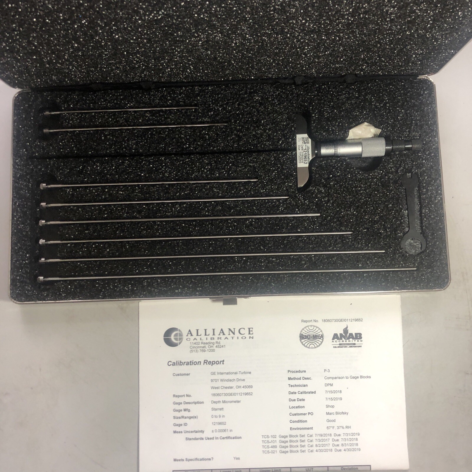 Starrett 440Z-9L Depth Micrometer 0 to 9" With Calibration Report (L2)
