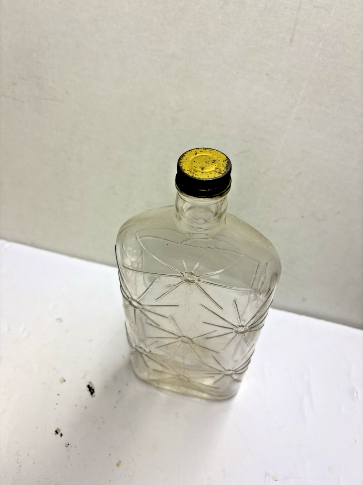 Vintage Sunburst Design Clear Glass Whiskey Flask 10" High