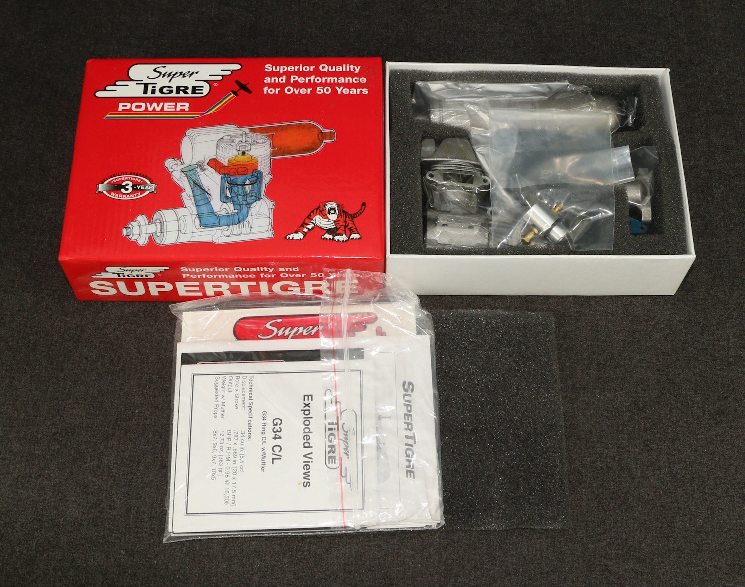 RC Model Airplane Engine Super Tigre G34 SUPG0805 +Muffler C/L MIB