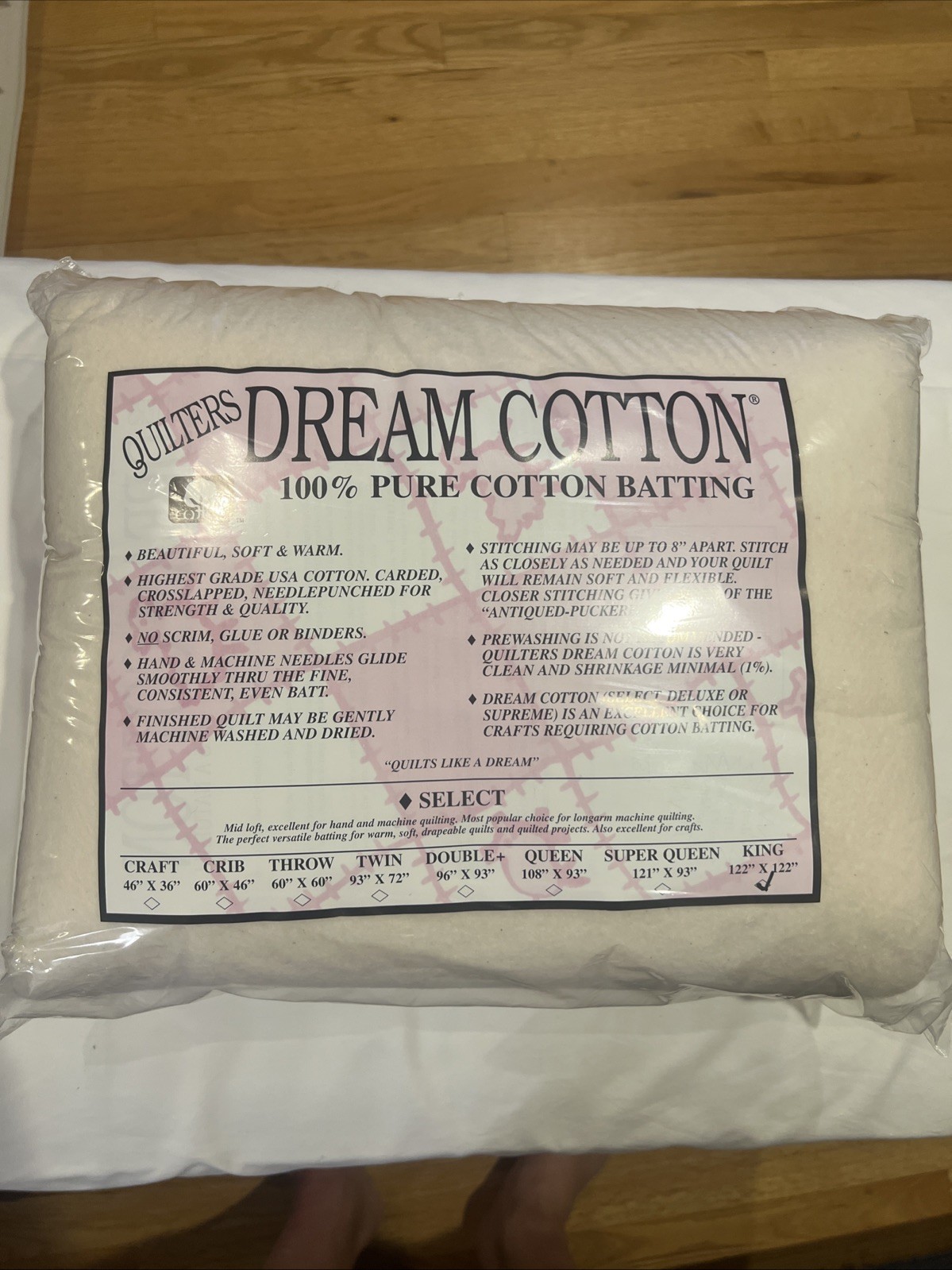 Quilters Dream Cotton Select King Batting / Wadding 122” x 122"