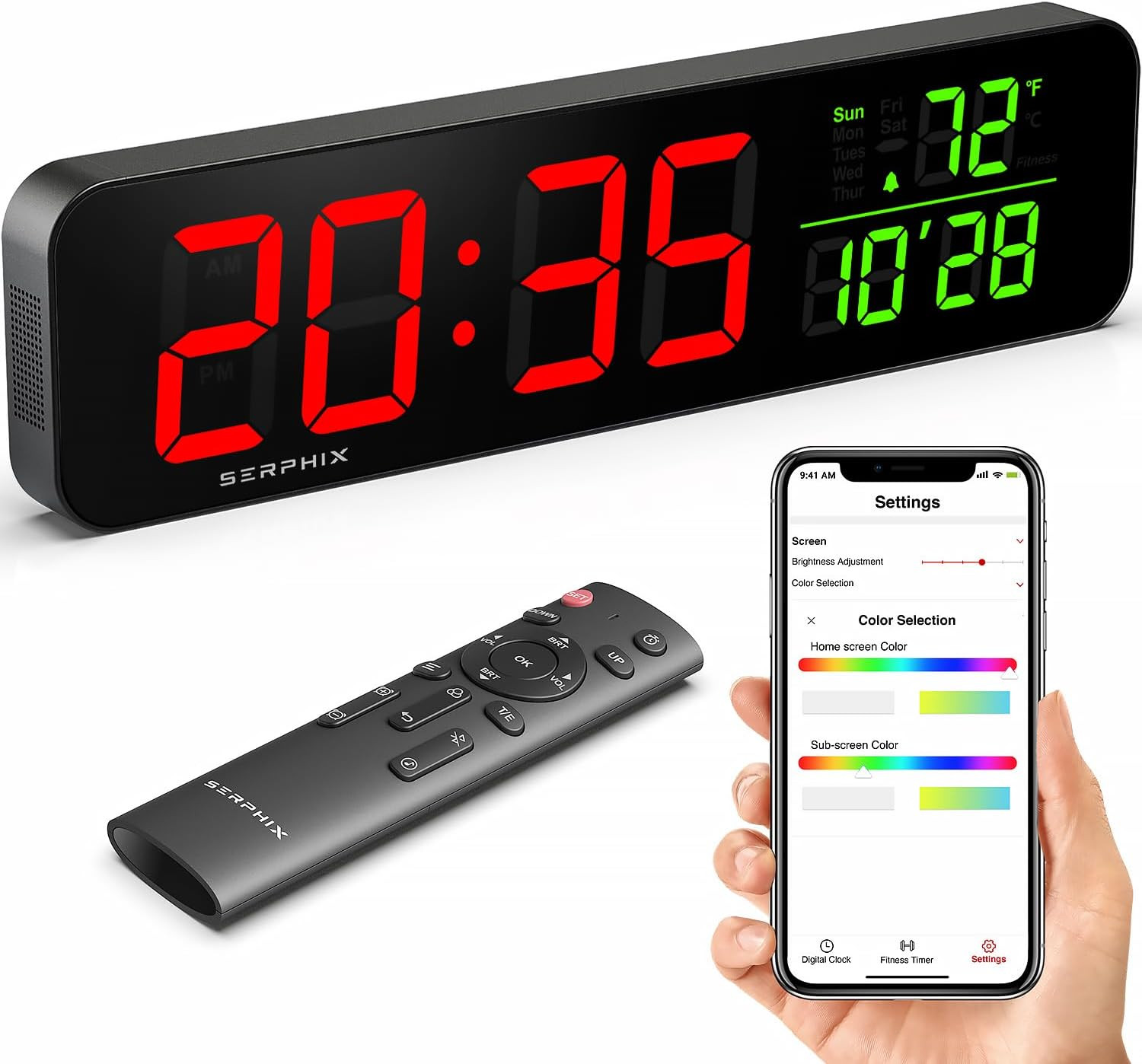 15.2" Gym Timer, App & Remote Control, Customizable LED Colors, Temperature, Dat