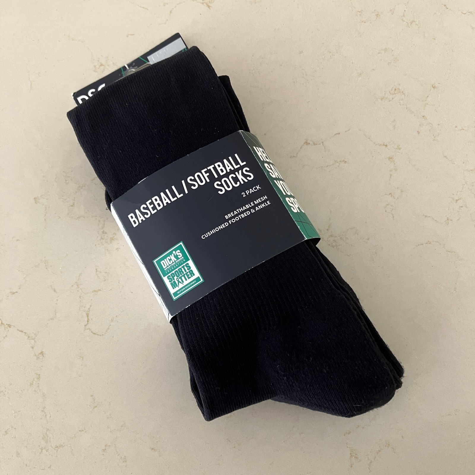 DSG Socks Adult Size L Black Baseball/Softball 2-Pack Breathable & Cushioned