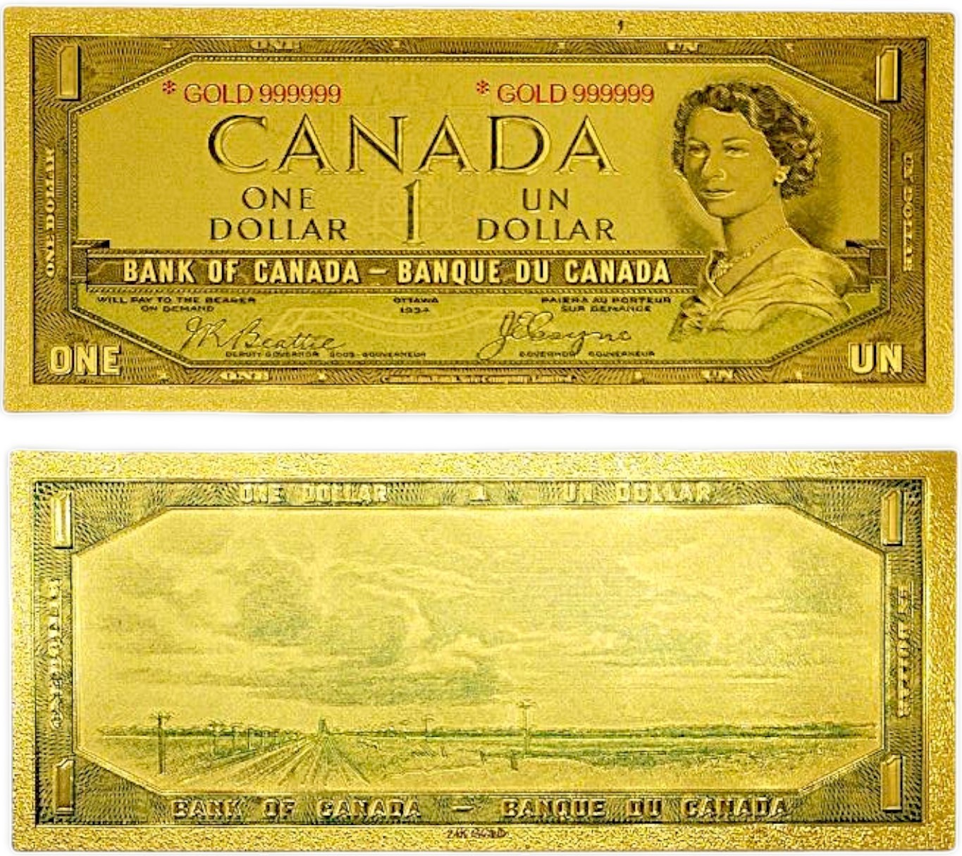 Limited Edition 24K Gold Plated Canadian $1 Banknote - Queen Elizabeth II