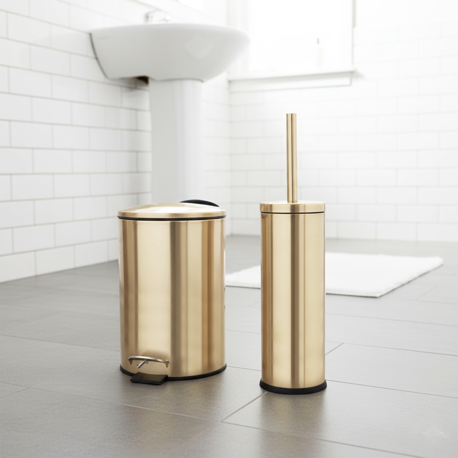 Brushed Gold Bathroom Set – 0.8 Gal Trash Can and Toilet Bowl Brush