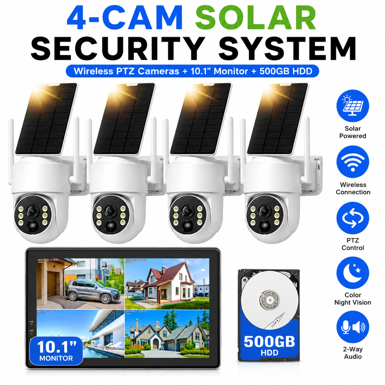 Solar Powered Security Camera System Wireless Outdoor with Monitor PT 360° 500Gb